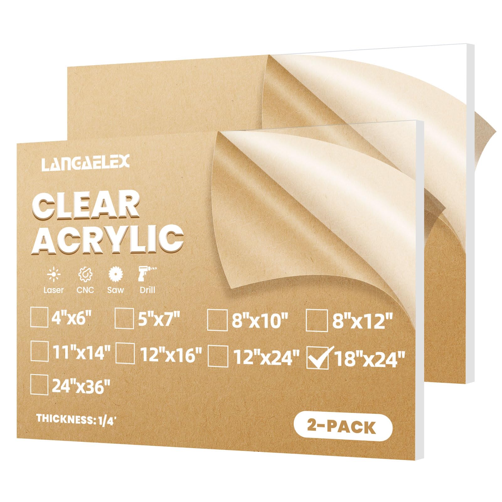 Langaelex Plexiglass Sheets 1/4" (6mm) Thick - 2 Pack of 18x24 Clear Cast Acrylic Sheets for Laser Cutting, Signs, Glass Replacement, DIY and Crafts