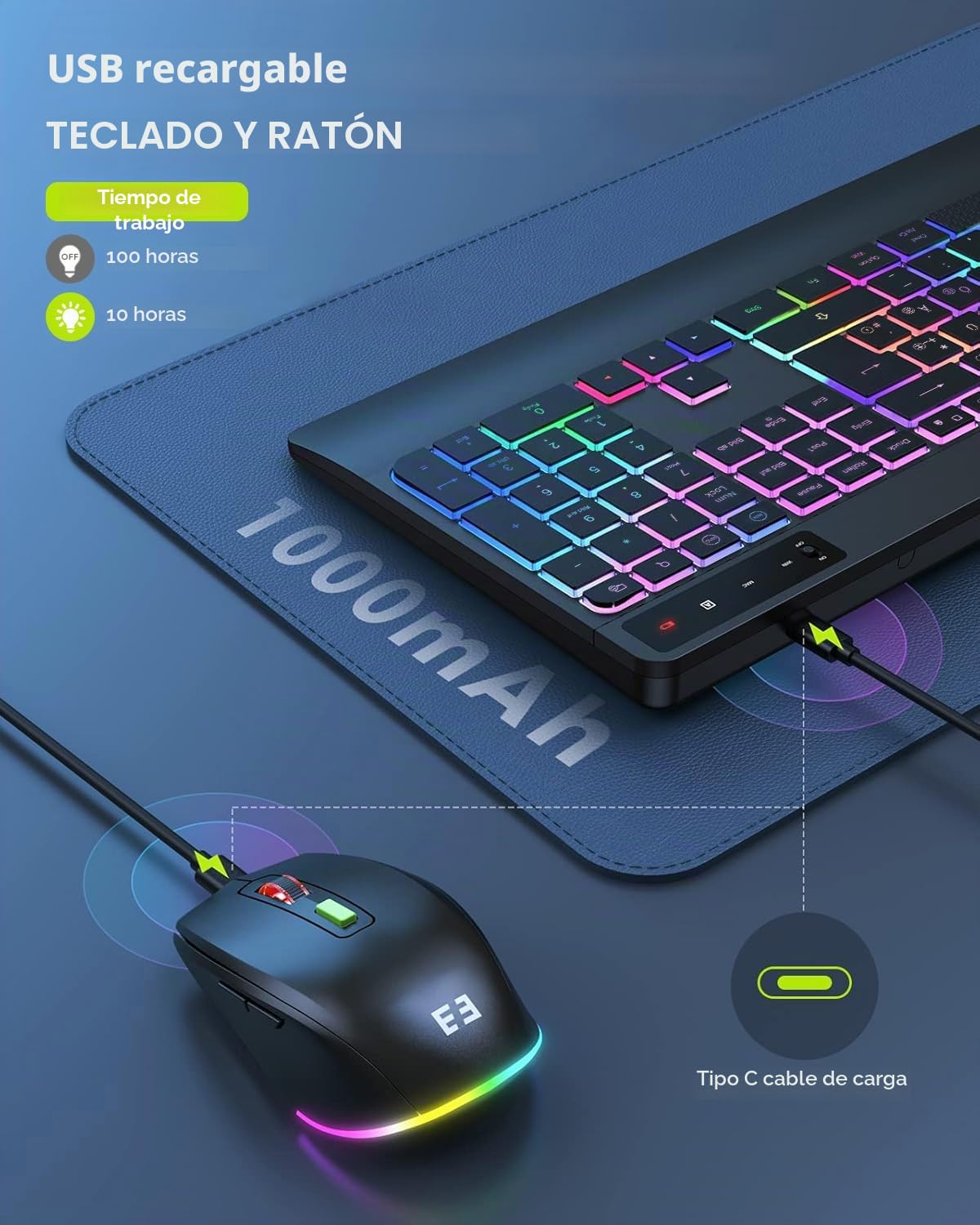 seenda Teclado y ratón inalámbricos iluminados, recargable USB y tipo C, teclado inalámbrico con ratón con soporte para teléfono móvil y reposamuñecas para PC/Windows/Mac, clic silencioso y