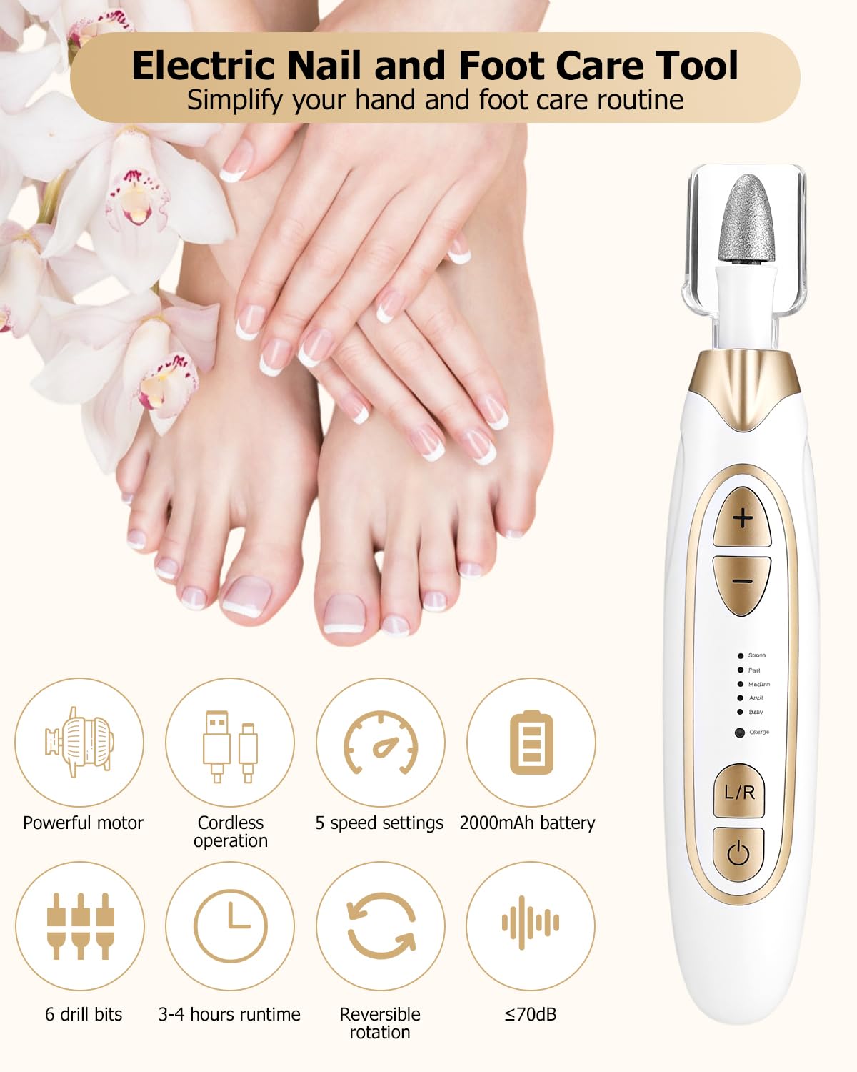 Maniküre/Pediküre Set, Nagelfräser, Elektrische Nagelfeile mit 6 Aufsätzen, 20 Sandringe, 5 Geschwindigkeitsstufen und LED Licht Weiß