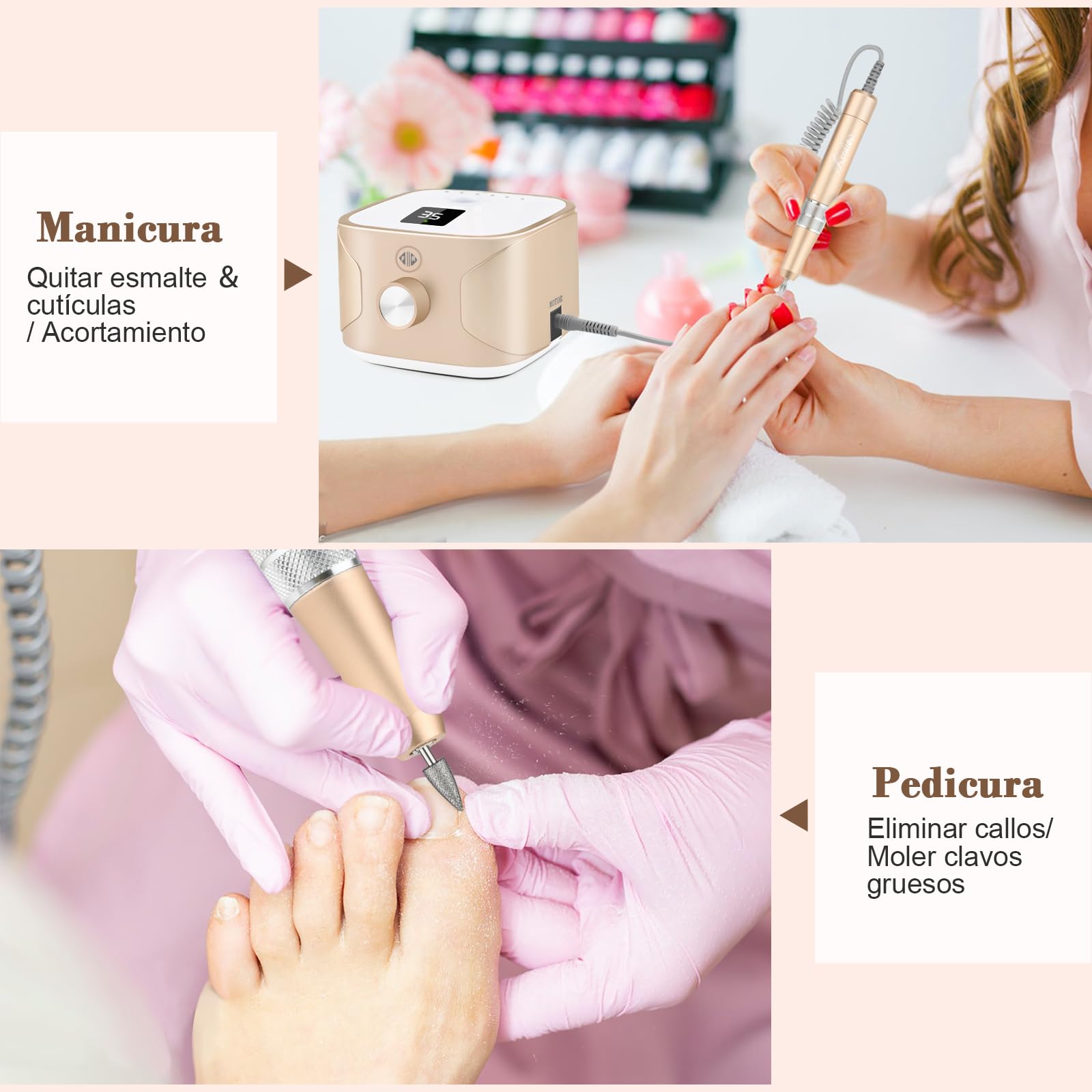 Kredioo Torno para Uñas Profesional 35000 RPM, Pulidor Uñas, Lima Electrica, Nail Drill, Set Manicura y Pedicura Electrico, Kit 11 Fresas Brocas, LED Tátil, Quitar Acrílico Gel/Esmalte/Callos, Oro