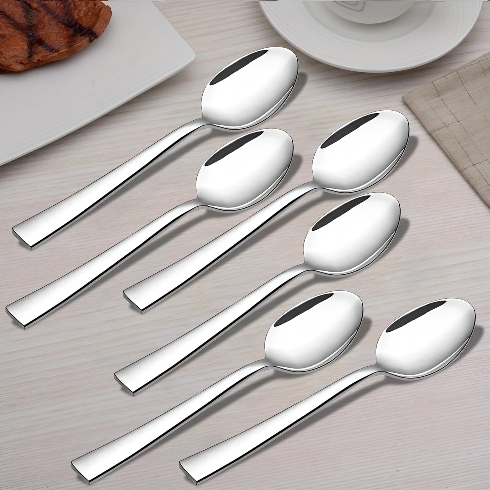 Parage 6 Pieces Stainless Steel Spoons Set, Dinner Spoon Length 16cm, Food Grade Silverware for Home & Kitchen- Mirror Polished, 6 Silver Spoons