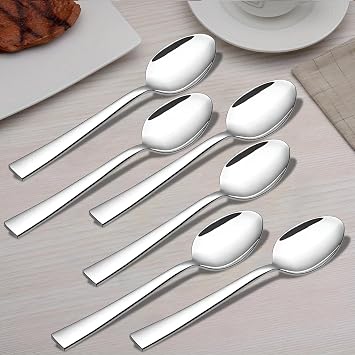 Parage 6 Pieces Stainless Steel Spoons Set, Dinner Spoon Length 16cm, Food Grade Silverware for Home & Kitchen- Mirror Polished, 6 Silver Spoons