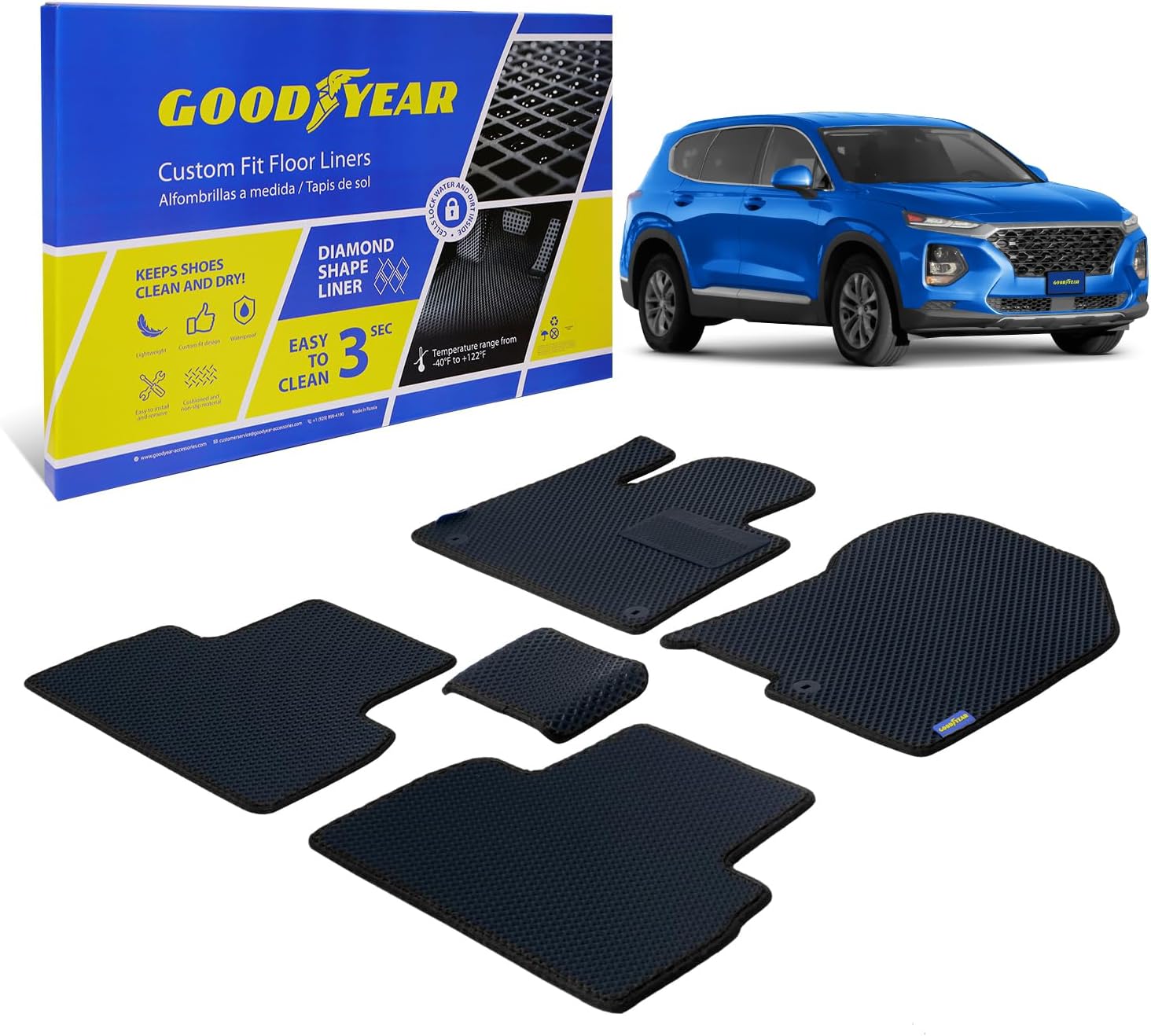 Goodyear All-Weather Car Floor Mats –Custom Fit for Hyundai Santa Fe 19-20, 5 Pc. Set, Heavy-Duty Diamond Floor Liners for Cars, SUVs, Trucks–Ultimate Interior Car Accessories for Men&Women - GY007051