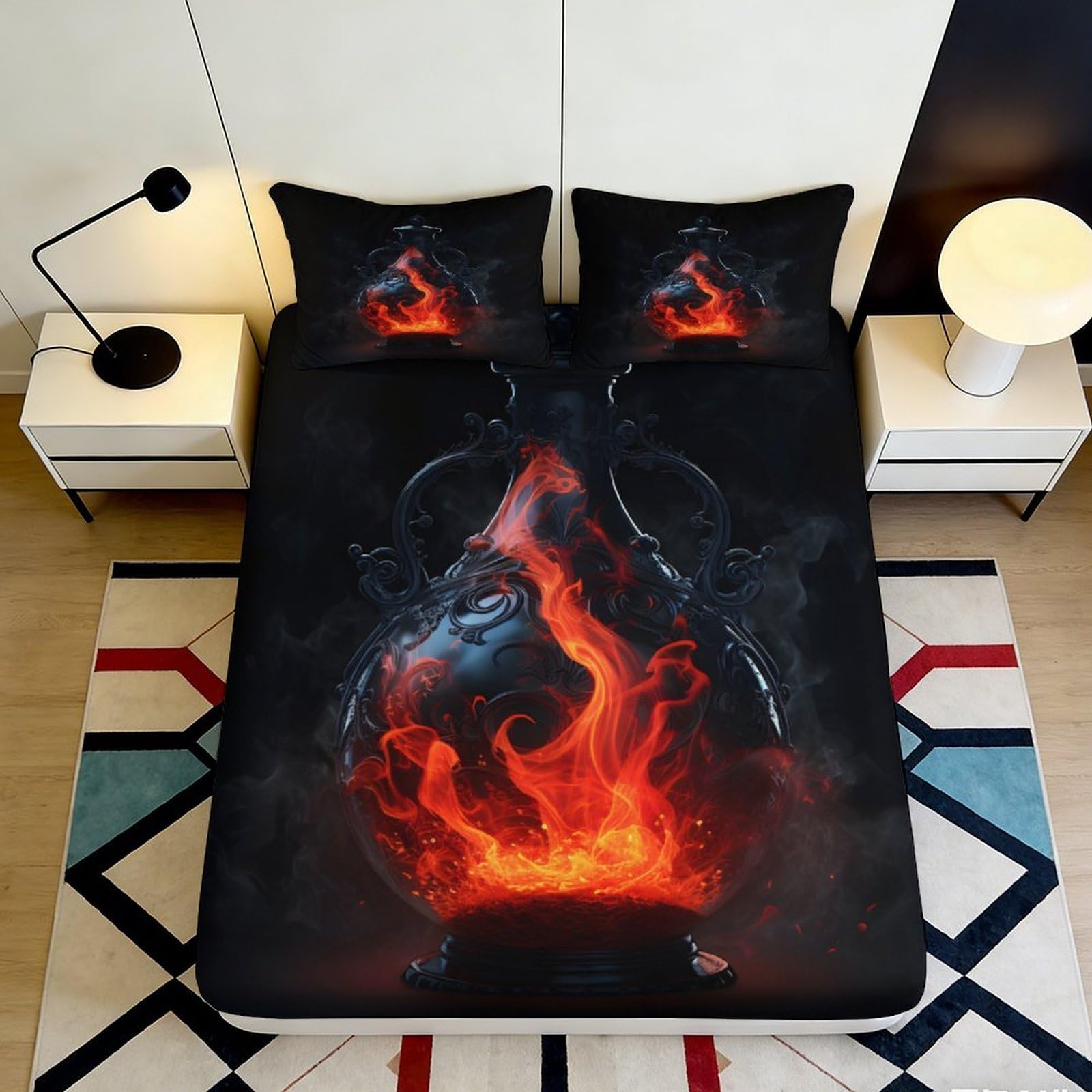 Pnayamiorkfel Style-5 3D Printed Fire Potion Fitted Sheet Microfiber Soft Black Flame Bed Cover For Bedroom Dorm Mattress Decor 90X200x25cm