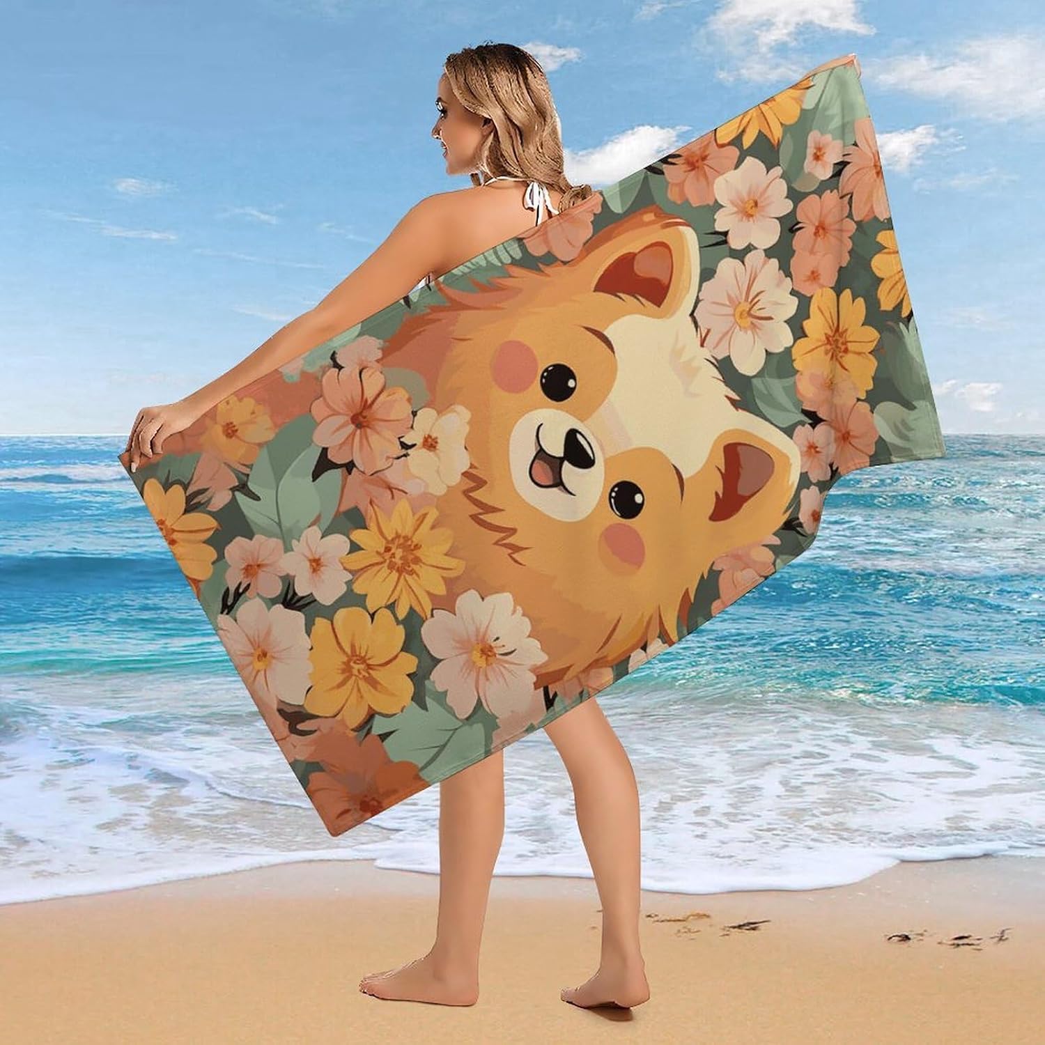 Pomeranians Cartoon Flowers Oversized Beach Towel Set 31x 61 in image 4