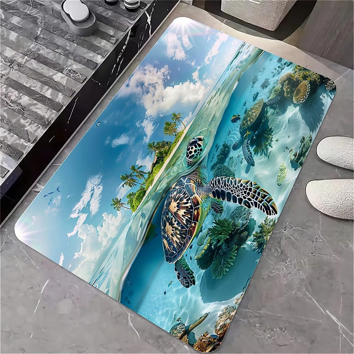 Diatomaceous Earth Bath Mat,Tropical Turtle- Non-Slip Volume Super Absorbent Fast Drying Eco-Friendly Easy to Clean for Bathroom Kitchen Door mat 16×24Inch (40 * 60cm)