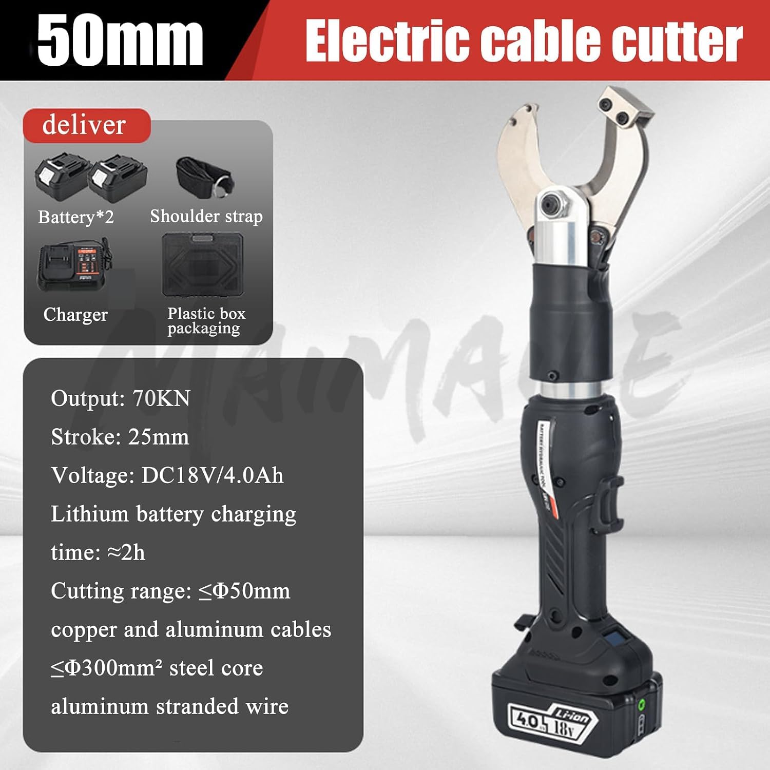 Cortador eléctrico del cable de 70KN, herramienta inalámbrica de 18V para el alambre del núcleo del acero de aluminio del cobre, incluye 2 baterías, trinquete hidráulico de servicio pesado para la min