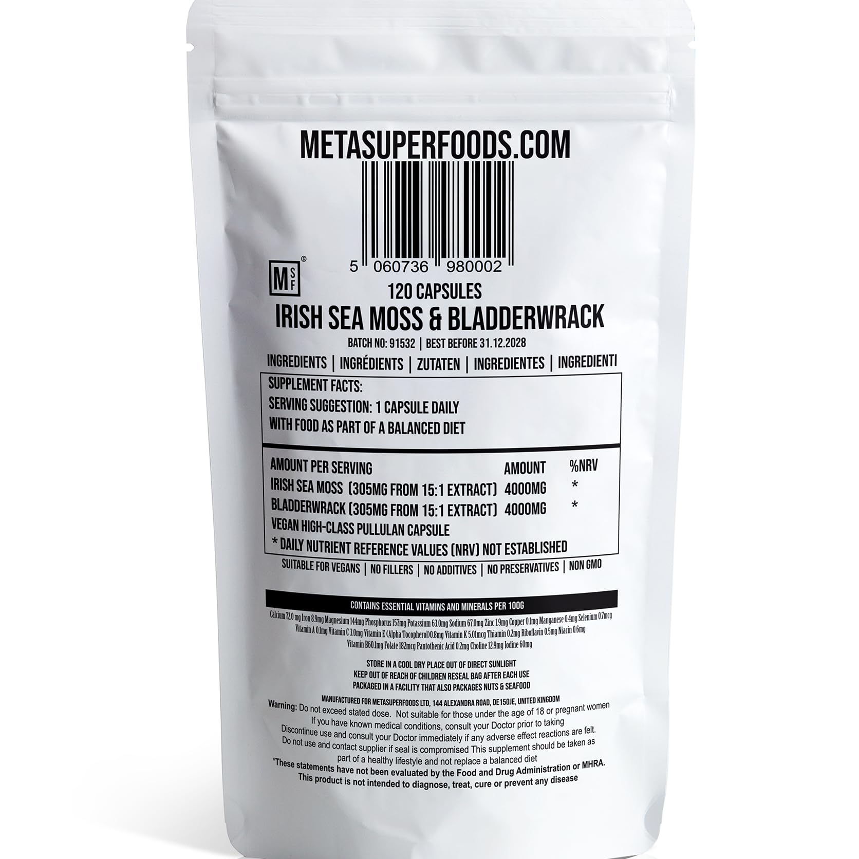 Seemoos und Blasentang 120 Kapseln (3600 mg) Hochwirksam | UK Made | Vegan | Wild geerntet | Nicht GVO