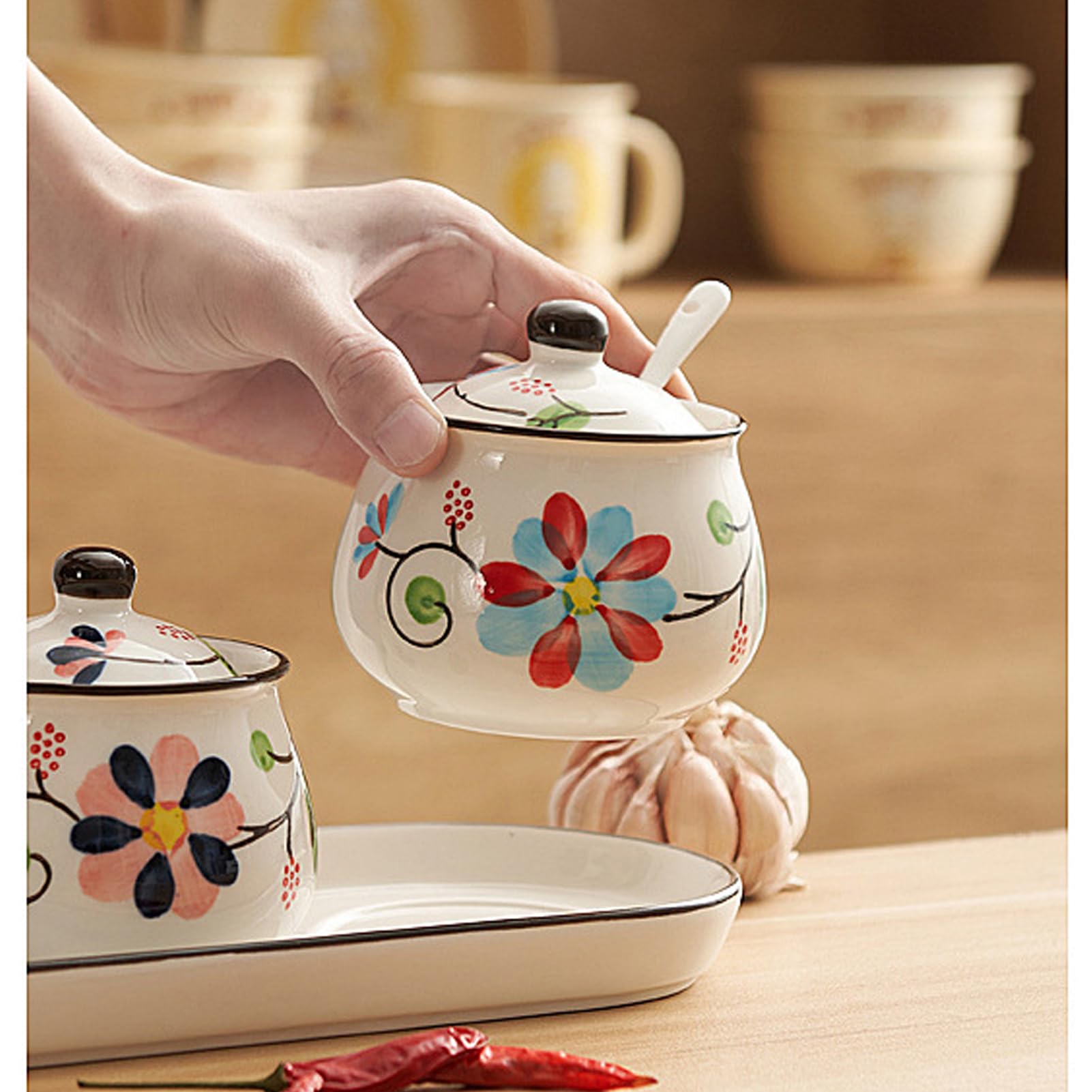 Lot de pots à épices en céramique avec plateau, peints à la main, ensemble de rangement de cuisine