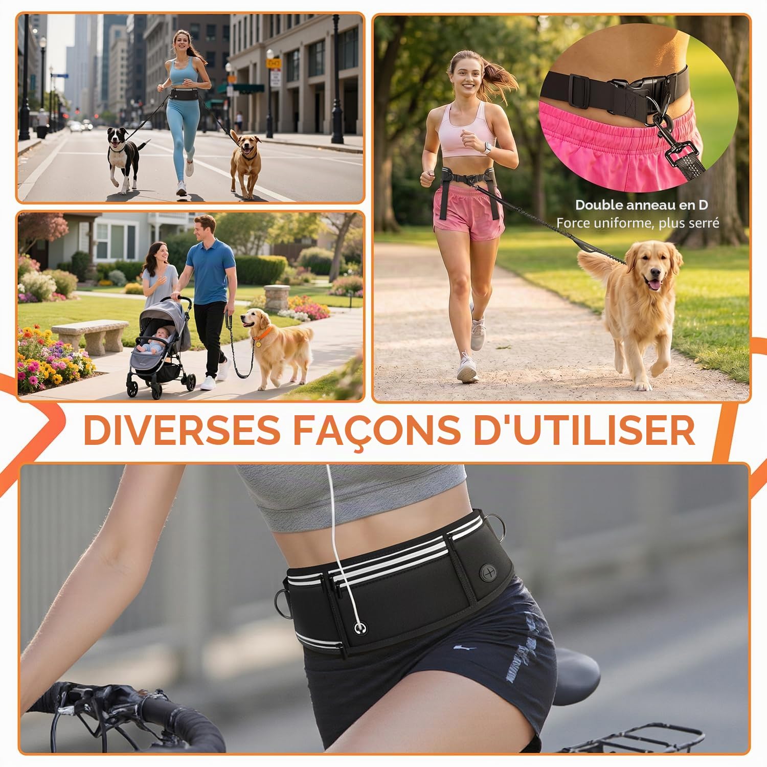 Laisse Canicross Chien, Laisse Main Libre pour Chiens, Longe de Jogging Élastique 160-220cm, Anti-tirons, Réfléchissant, Ceinture Réglable, Double Poignée pour Course à Pied, Marche