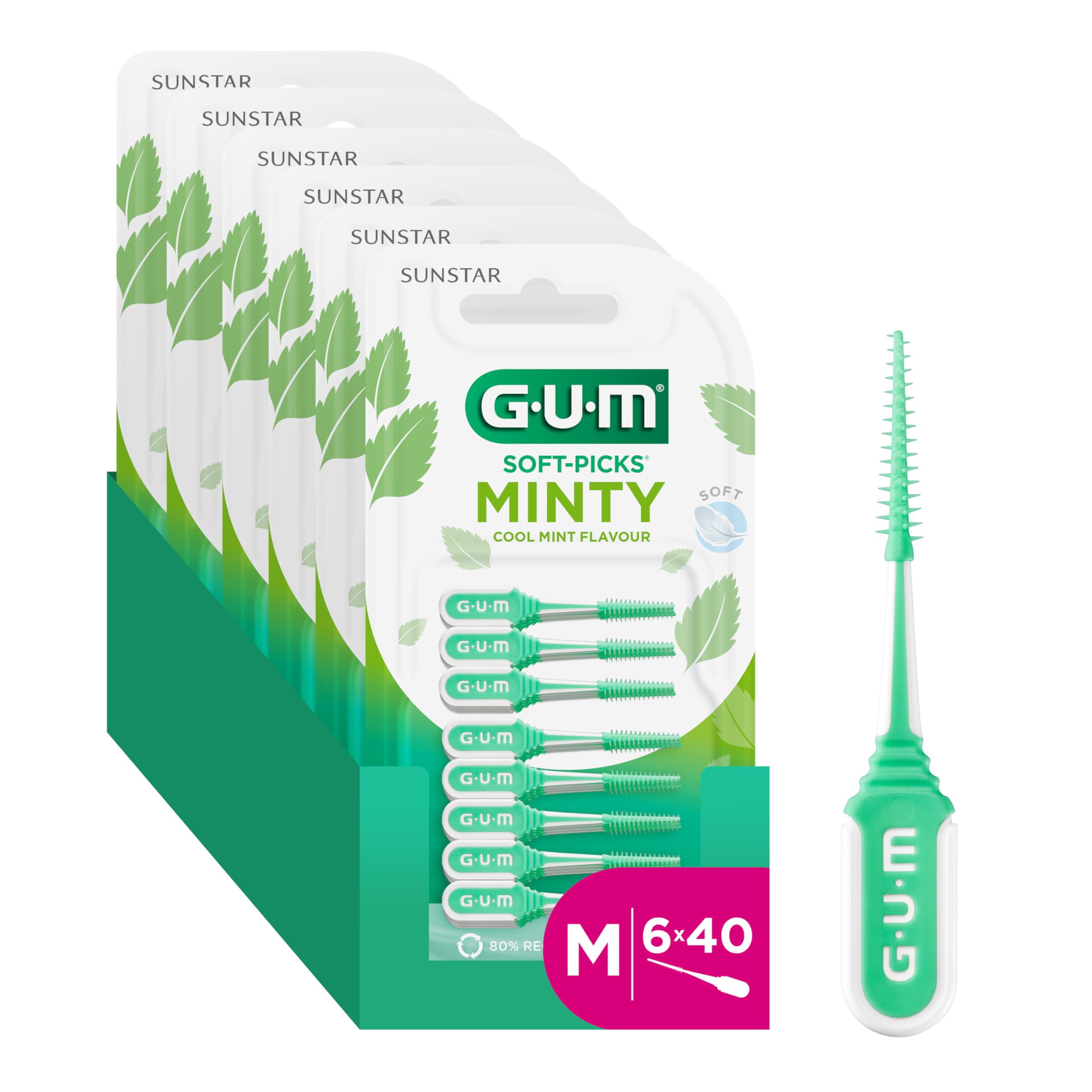 GUM SOFT-PICKS MINTY Scovolini in gomma al fresco sapore di menta | Pulizia dei denti e rimozione della placca | Misura M | Multipack 6x40