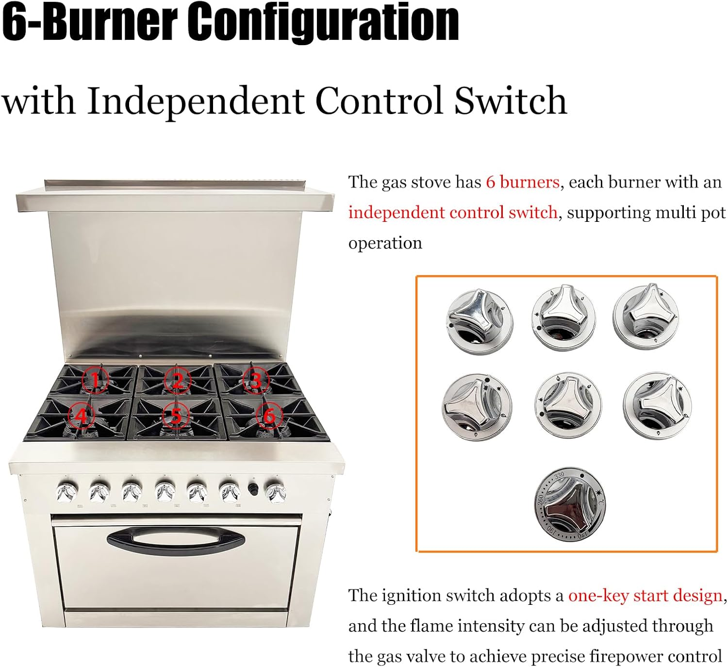Commercial Gas Range with 6 Burner 6-Burner Commercial Kitchen Equipment Stove Natural Gas Hot Plate Cast Iron Stove with Lower Layer Oven