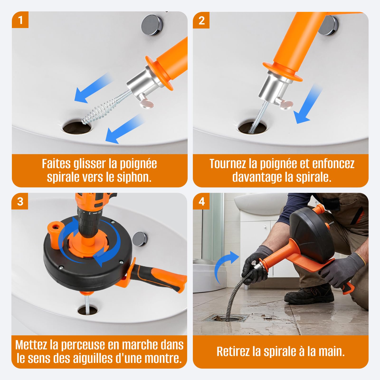 Spirale de nettoyage de canalisations de 13 m, spirale de débouchage en spirale, avec embout de perçage et gants imperméables pour un nettoyage des tuyaux respectueux de l'environnement, pour cuisine