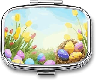 April Easter Square Pill Box with 2 Compartment & Mirror | Metal Pill Case with Mirror, Square Pill Container for Pocket Purse, 2 Compartment Medicine Organizer for Vitamins Fish Oil