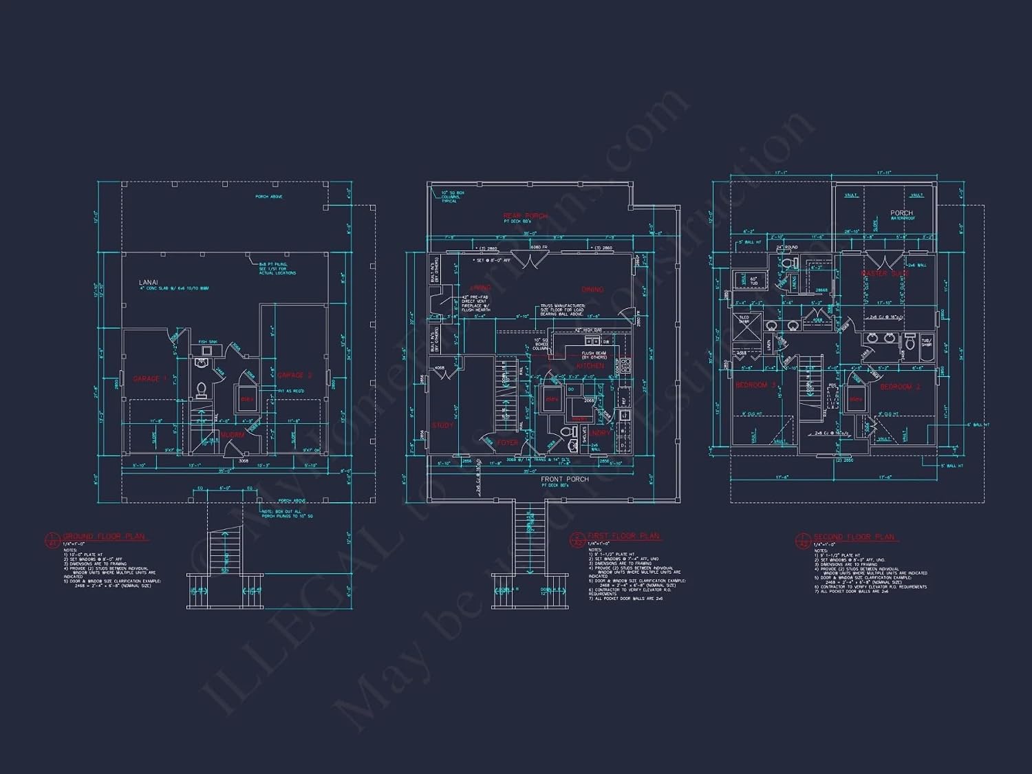 14-1462 House Plan - Beach House Blueprint: 2.5-Story House with Split Garage
