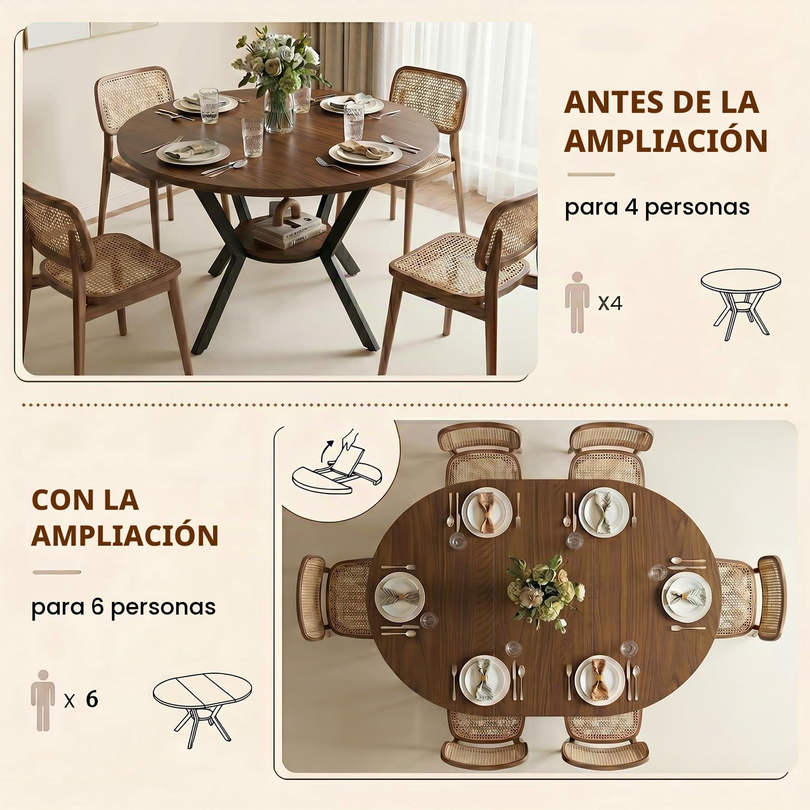 Mesa de comedor redonda extensible, 100 – 140 cm, redonda, mesa de cocina de madera, mesa de comedor ovalada con función telescópica, mesa de salón extensible con estantes abiertos para