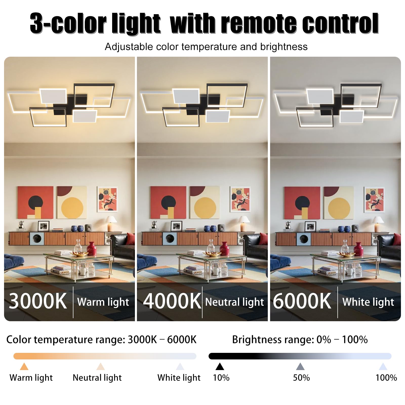 Schwarz & Weiß LED Deckenleuchte Wohnzimmer,115W Modern Deckenlampe Quadratisch , Mit Fernbedienung & APP Deckenbeleuchtung 3000k-6500k lampe für Schlafzimmer Esszimmer Büro Küche (Schwarz, L110cm)