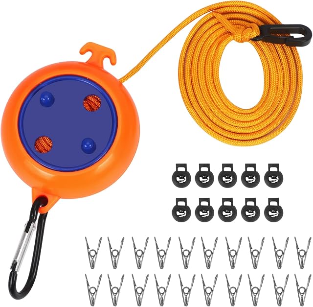 WWW Retractable Camping Clothesline, Adjustable Travel Laundry Rope, Heavy Duty Washing Line with 20 Clothespins & 10 Stoppers for Indoor/Outdoor, Camping, Travel, Courtyard, Hotel, 26ft