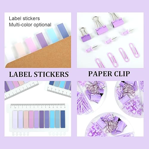 Miniatura 5 de EOOUT Juego de 9 accesorios de escritorio morados, juego de suministros de oficina, grapadora y dispensador de cinta para mujeres con grapadora,