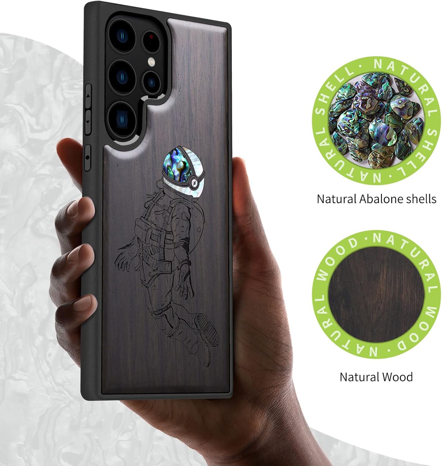 Carveit Designer Wooden Case for Samsung Galaxy S23 Ultra Cover [Wood Engraving & Shell Inlay] Compatible with Wireless Chargers Galaxy S23 Ultra Case (Astronaut-Blackwood)