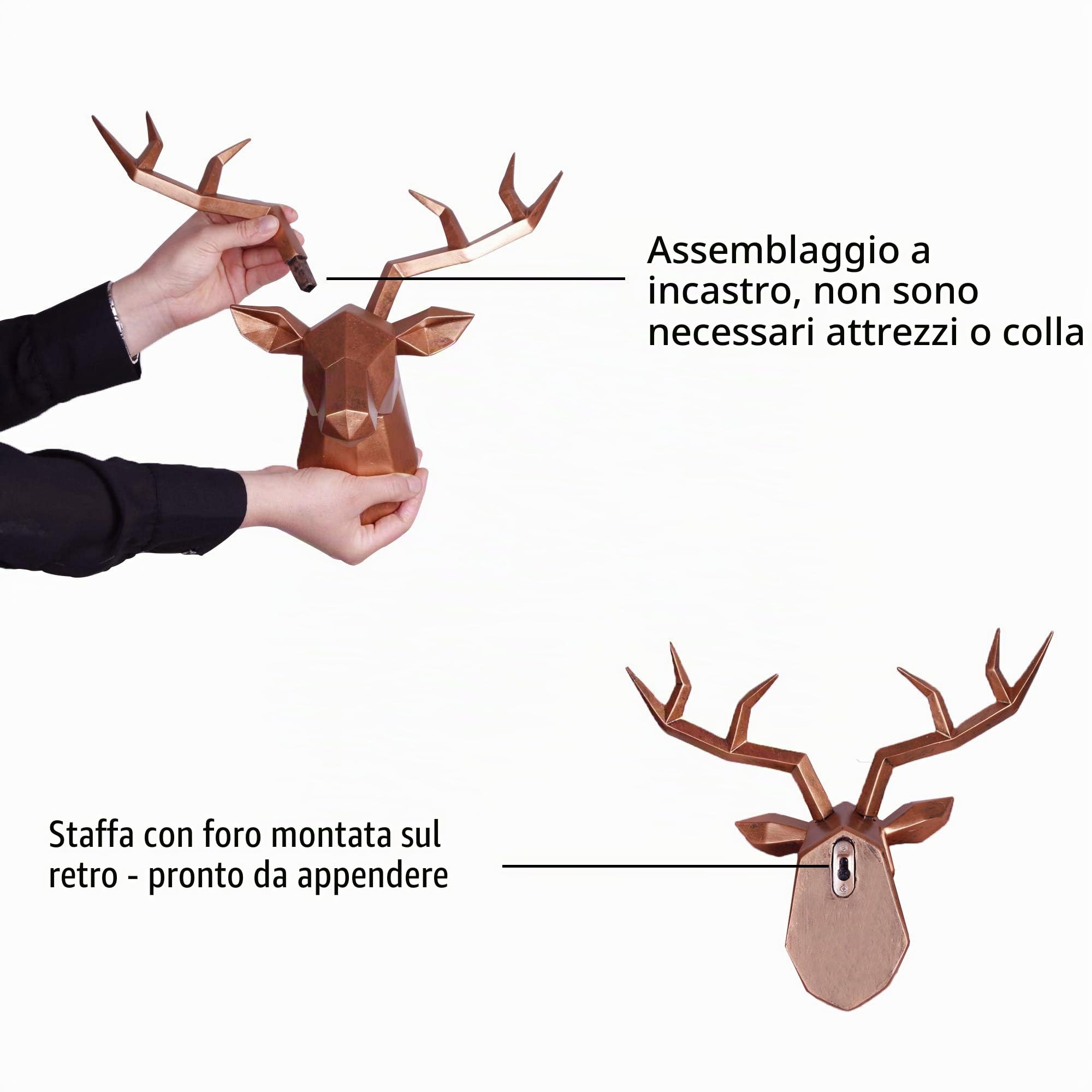 Keygift, Testa di cervo, decorazione da parete geometrica in rame anticato con corna di cervo, scultura da parete in resina sintetica, statua da appendere alla parete, pronta da appendere, 35,5 x 14 x