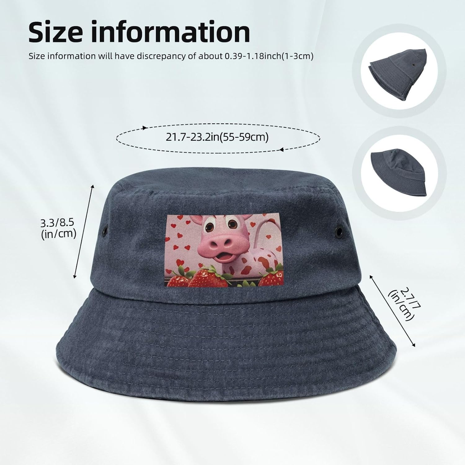 Pink Cow with Strawberries Printed Cowboy Fisherman hat, Suitable for Outdoor Fishing Beach Party Fisherman hat Hip-hop hat,