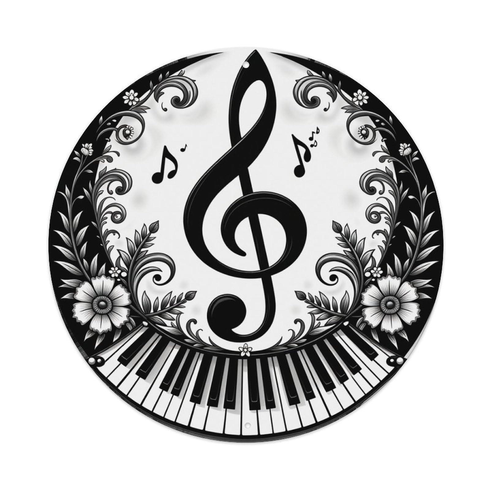 Musical Note Piano Floral Design Round Tin Sign Vintage Metal Poster, Home Bar Garage Man Cave Cafe Indoor & Outdoor Wall Decoration 8x8Inches