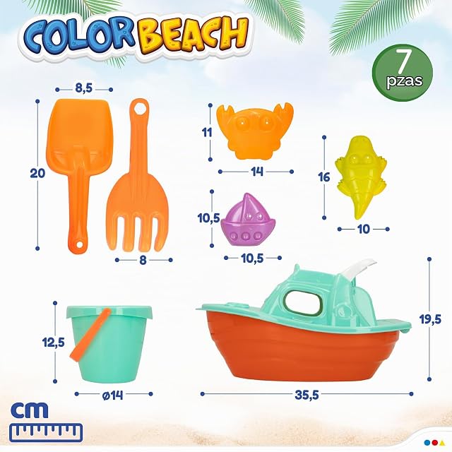 Foto 5 de 7 de ColorBaby - Juguete de playa para niños, Set de playa, cubo de playa, Ø14 cm, yate, pala, rastrillo, 3 moldes…