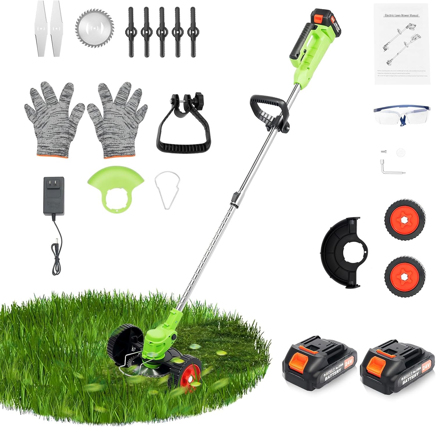 Cordless Grass Trimmer & Edger, 24V Lithium Ion Battery Powered Weed Wacker with Auxiliary Wheels, Adjustable Telescopic Pole, 90° Flip Head, 6" Blade, Lightweight Lawn Mower for Garden Lawn Yard