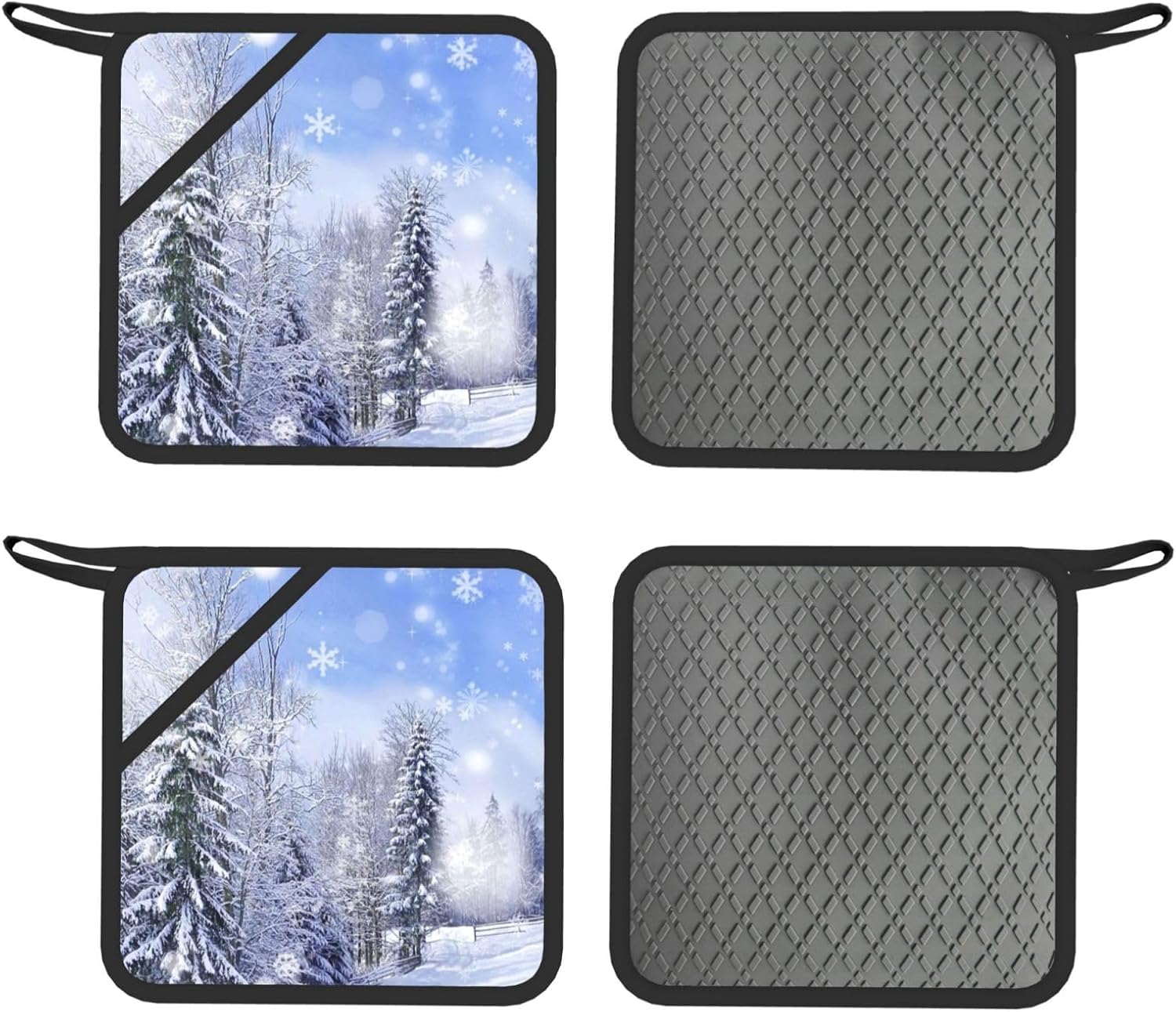 Winter Landscape Oven Mitts and Pot Holders Set of 4 Heat Resistant Kitchen Gloves with Silicone Palm Hot Pads for Baking Cooking Grilling BBQ