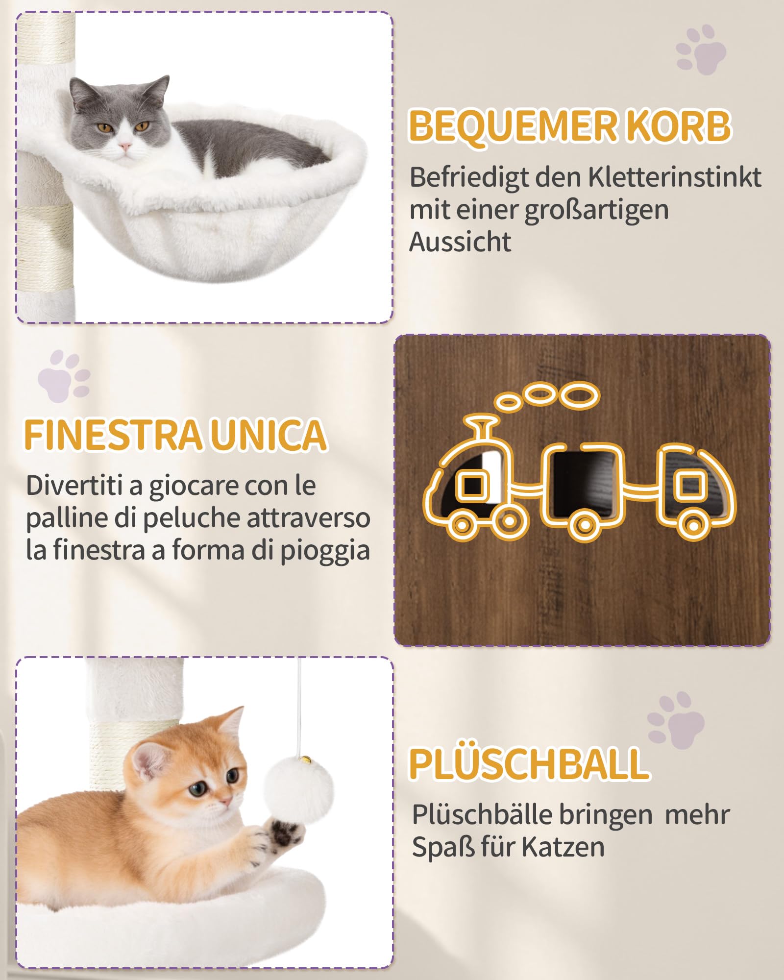 Hzuaneri Katzenbaum mit Katzenschrank, 145 cm Hoch, Braun-Weiß | Kratzbaum, Zwei Große Plattformen, Sisalsäule, Katzenkorb, Katzenhaus, Waschbares Kissen, Plüschbälle, CB89214WT