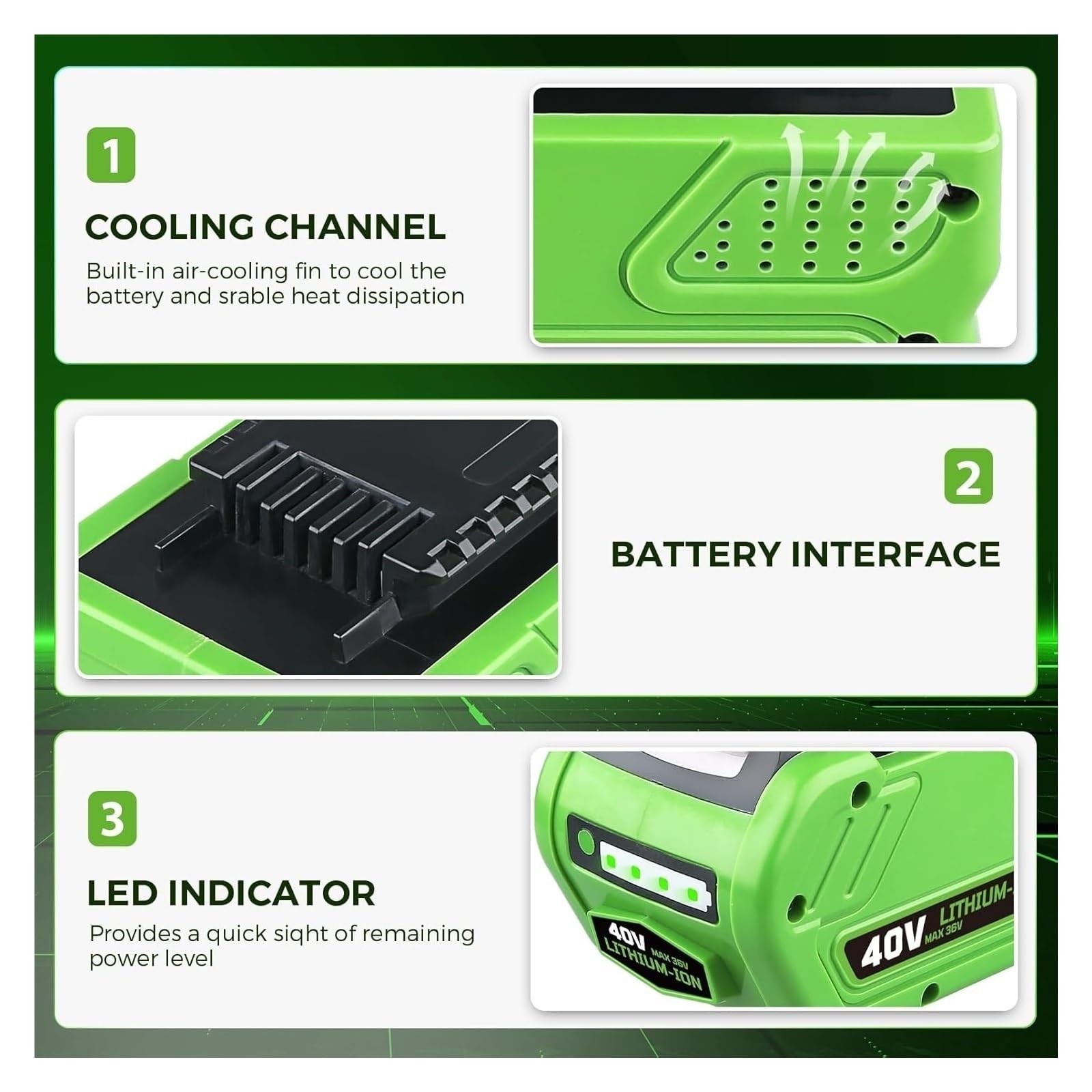 Batteria ricaricabile for elettroutensili, batteria di ricambio 40V 6.0Ah 8.0Ah, compatibile con Greenworks 29472 29462 29252 20202 22262(2pcs 8.0Ah)