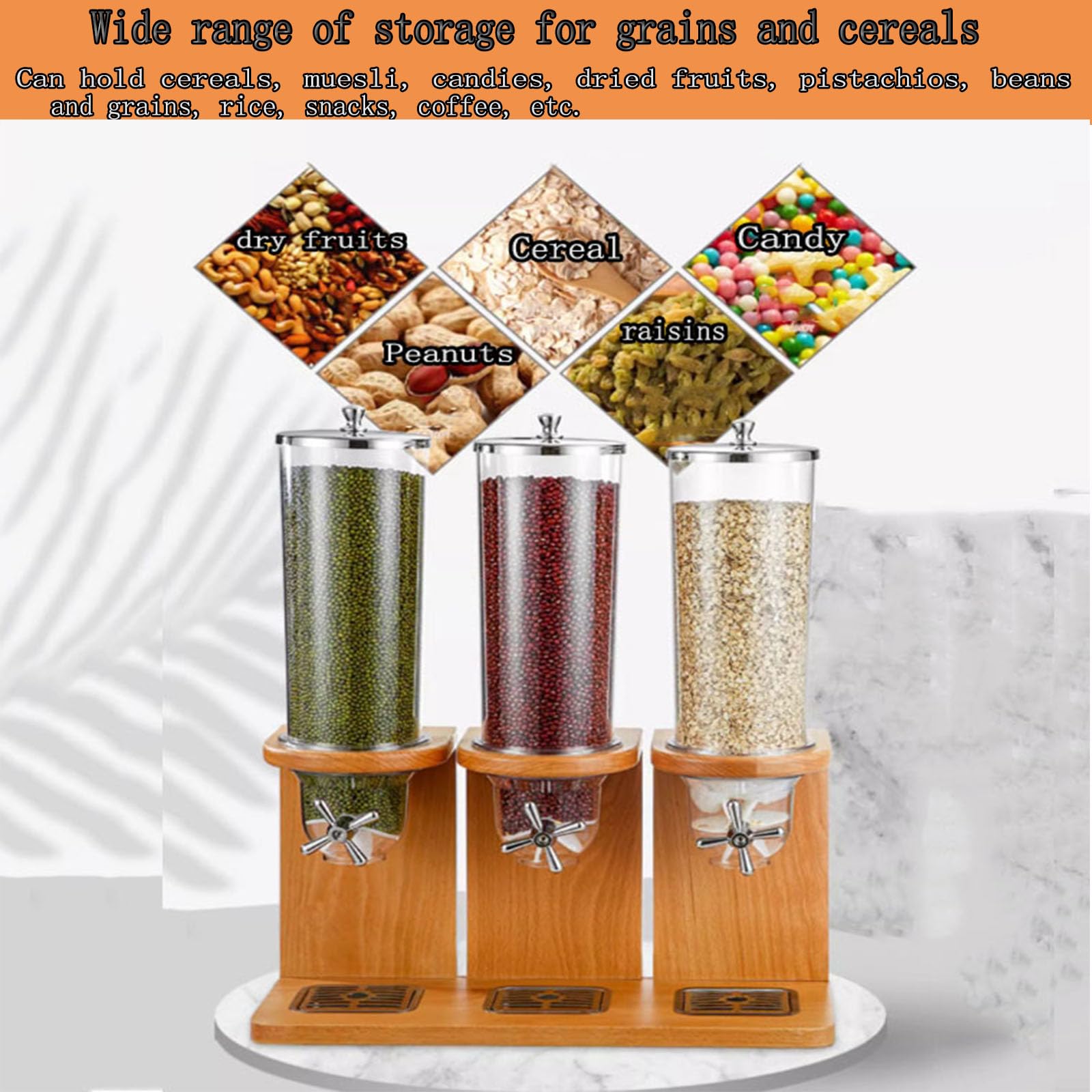 Dispenser per cereali in bambù, 3,5 l/7 l/10,5 l, contenitore per cereali da appoggio, con barile in PC e base in legno, dispenser per alimenti secchi, per riso, fagioli, noci