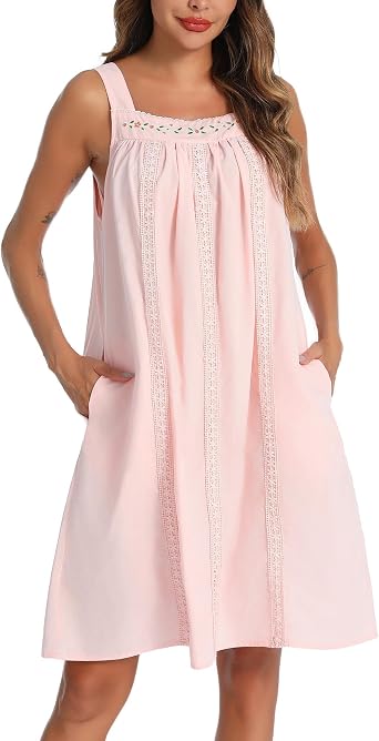 YOZLY Cotton Nightgowns for Women Sleeveless Tank Night Gown Sleepwear with Pockets