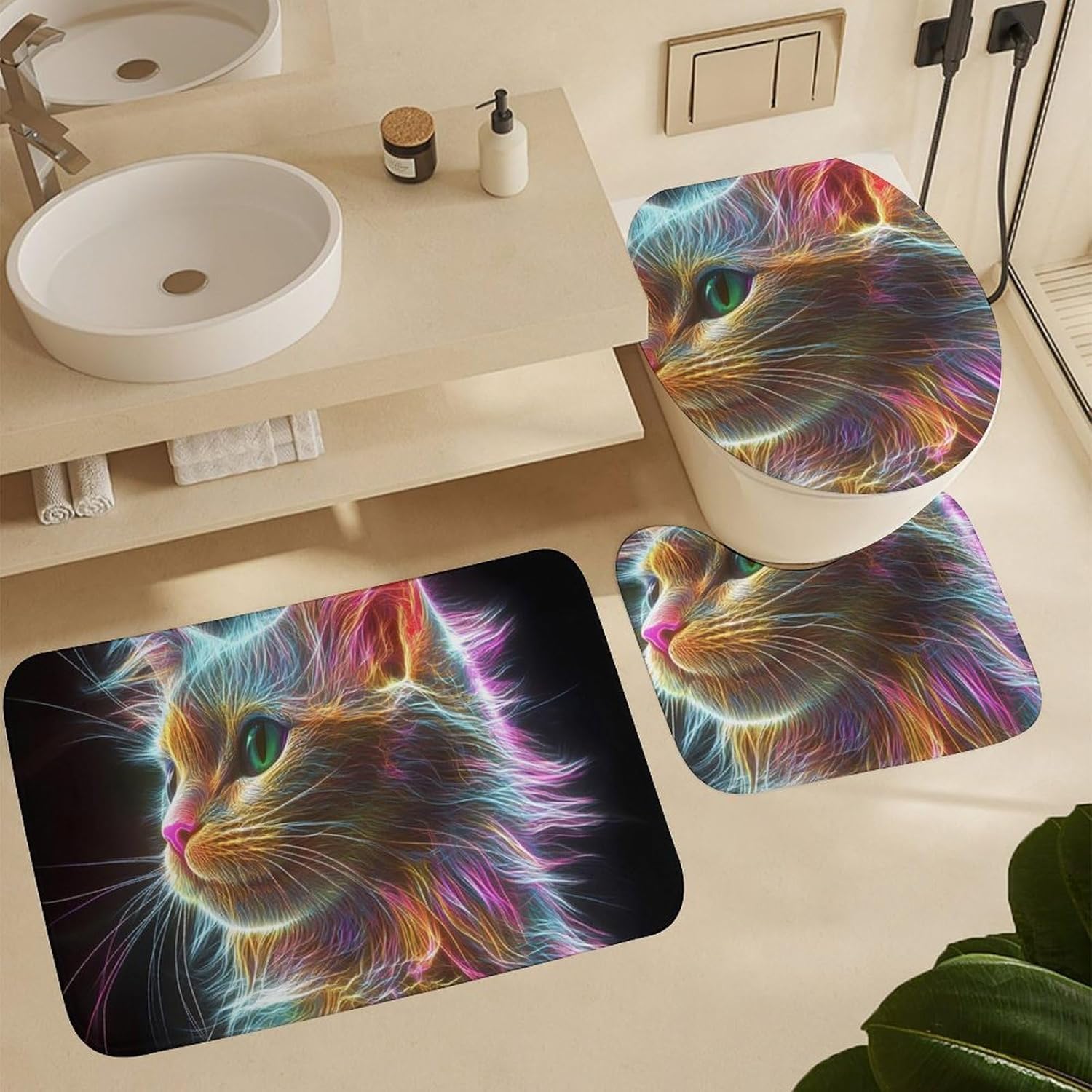 Thunder Cat Colorful Spirit God Bathroom Sets with Shower Curtain and Rugs 4 Piece with U-Shaped Floor Mat Toilet Lid Cover