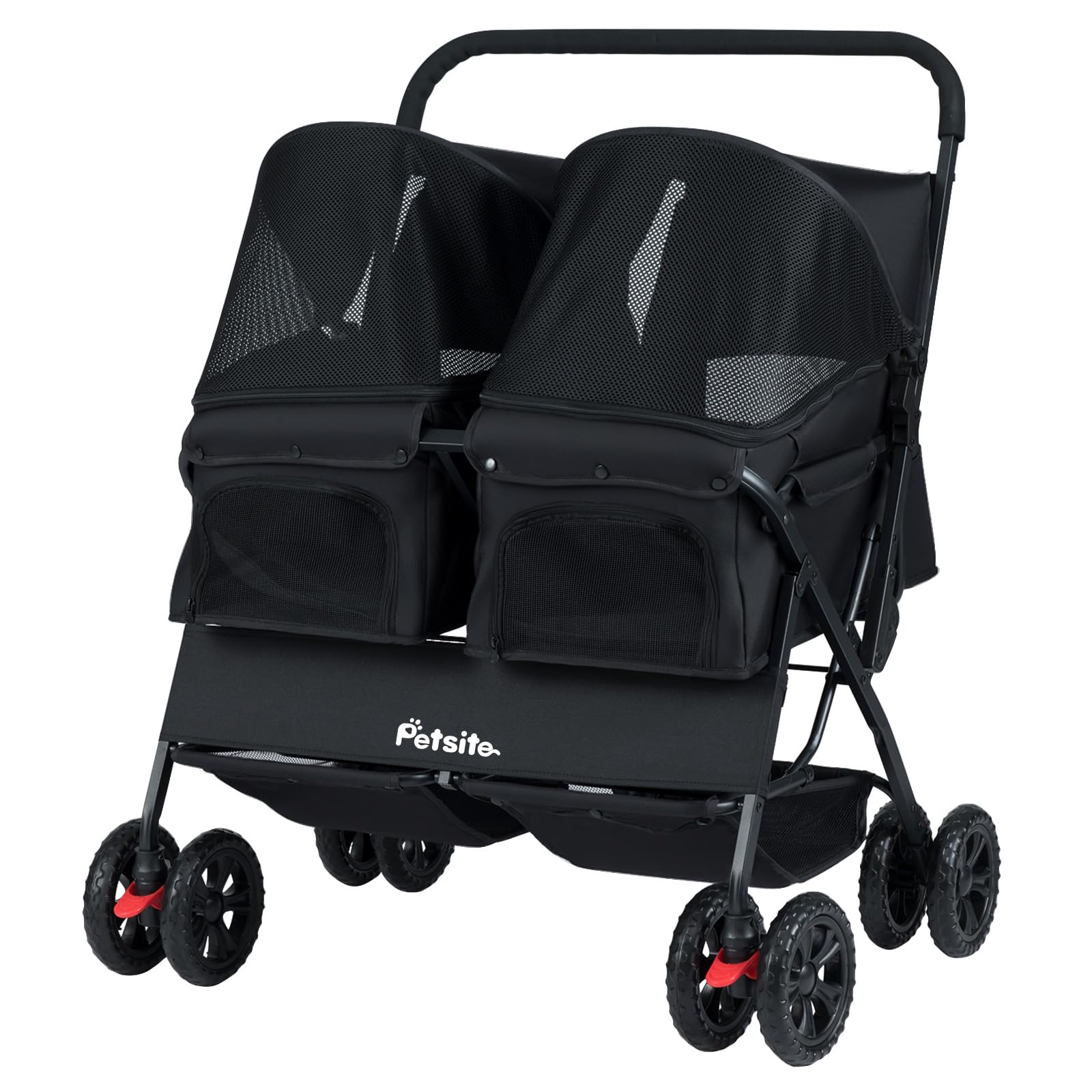 GYMAX Cochecito Doble para Perros Plegable, Cochecito Ligero para 2 Mascotas con Almacenaje y Protección Solar Ajustable, Coche para Gatos con Cinturón de Seguridad (Negro)