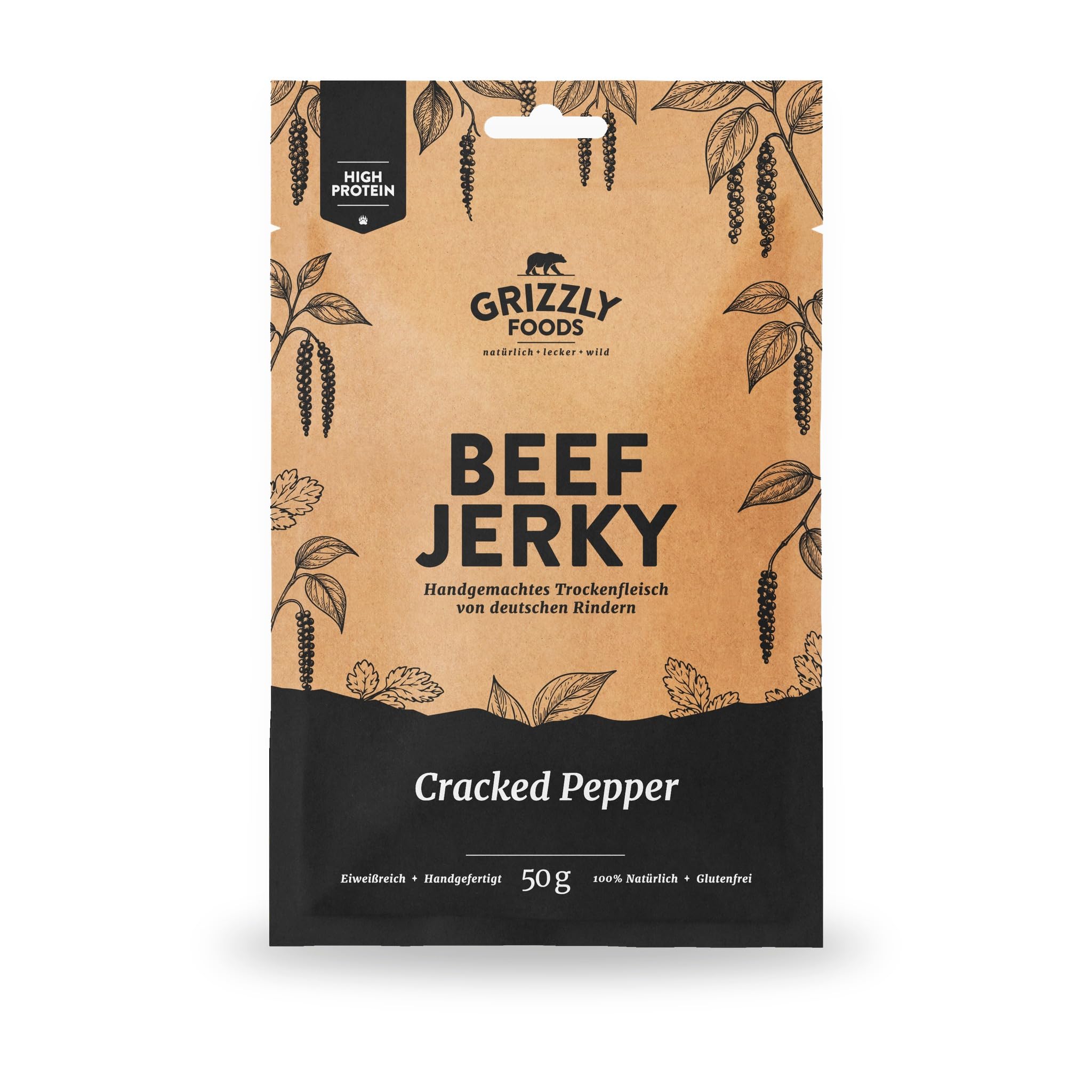 Grizzly Foods • Beef Jerky Probierpaket mit 5 Sorten (5 x 50g) • Trockenfleisch Eiweiß Snacks • Rindfleisch aus Deutschland • High Protein Snack für Gym, Fitness, Outdoor, Office