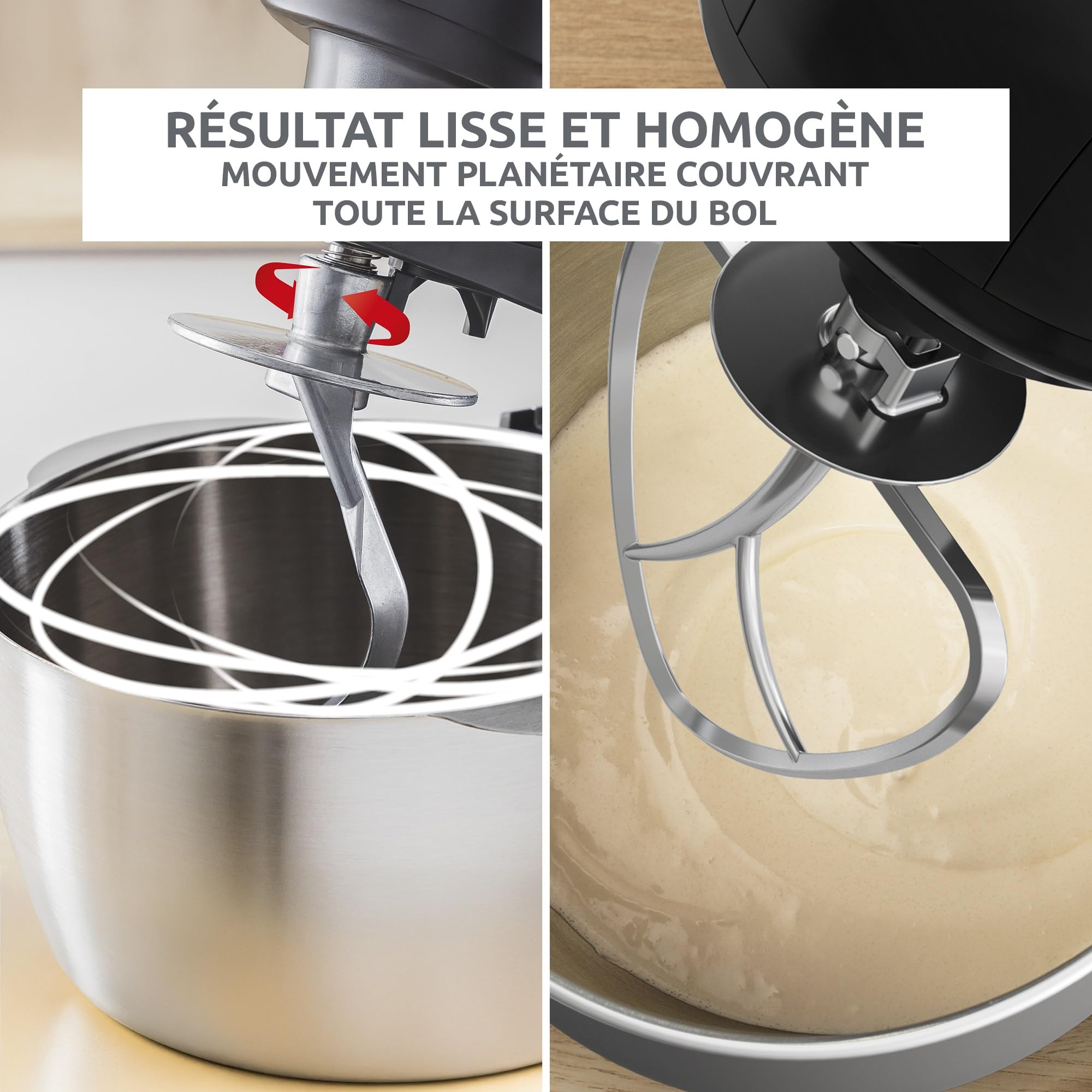 Moulinex Bake Essential, Robot pâtissier, Bol inox 4.8 L, 800 W, Kit accessoires, Batteur, Fouet, Pétrin, Hachoir à viande, Résultat homogène, Noir, QA161810