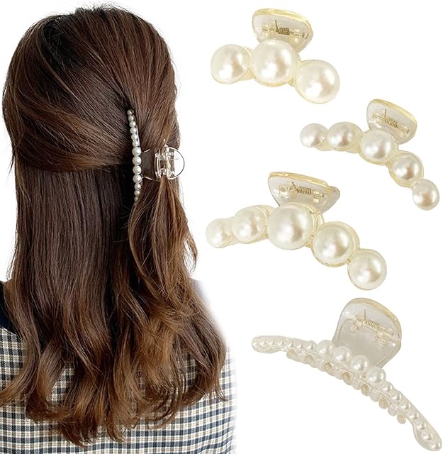4 PCS Hair Claw Clips, VEGCOO Large Pearl Hair Jaw Clips Non-slip Claw Cratch Strong Hold Hair Clamp, Hair Styling Accessories for Women and Girls Thick Thin Hair (4 * Pearl Claw Clips)