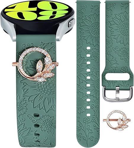 Correa de reloj con 5 dijes para Samsung Galaxy Watch 4, 5, 6 y 7, trabillas decorativas para anillo con correa de silicona de girasol grabada de