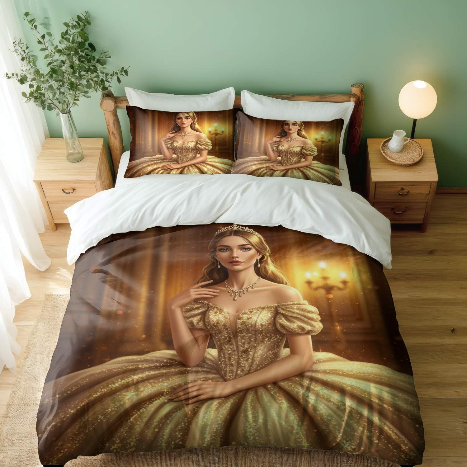 Housse de couette imprimée avec taies 50x75, parure linge de lit motif doré