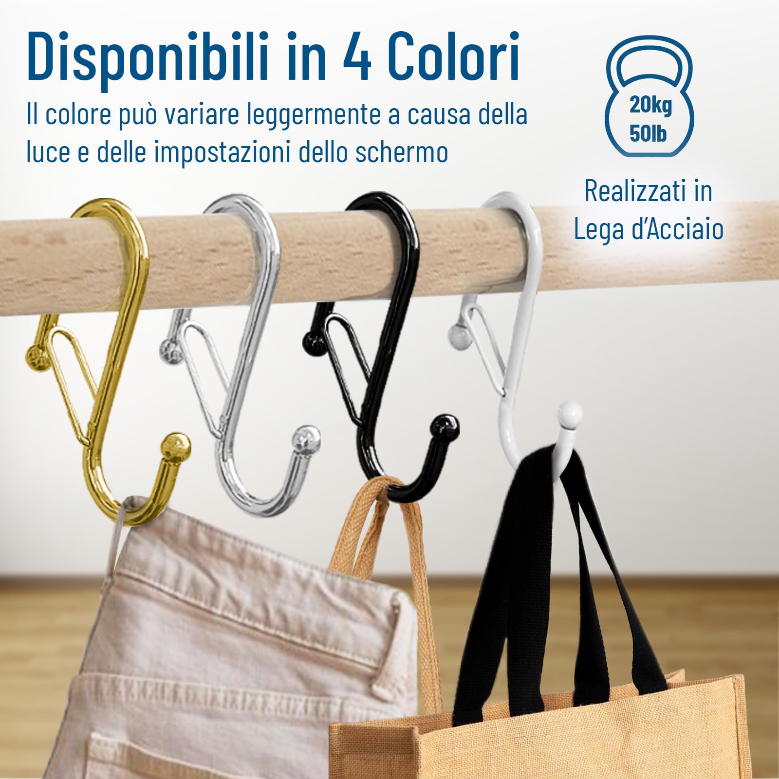 10 ganci in metallo a forma di S con sistema anticaduta, per armadio e organizzazione multiuso, Argento, per barre fino a 1,5 cm di diametro