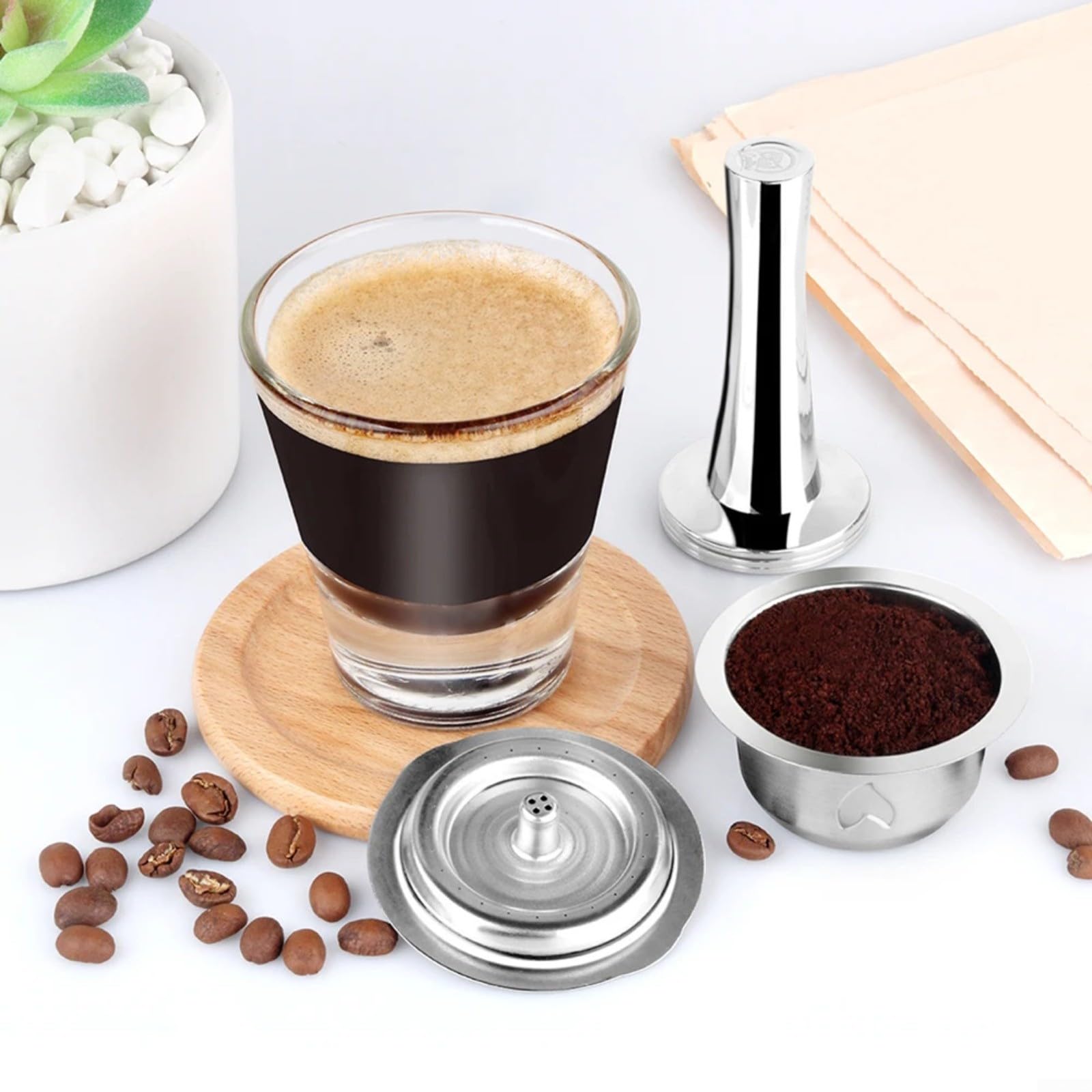 Juego de cápsulas de café reutilizables de acero inoxidable con cepillo de limpieza y cuchara, filtro de cápsulas recargable, uso doméstico sostenible (2 cápsulas + cuchara y cepillo)