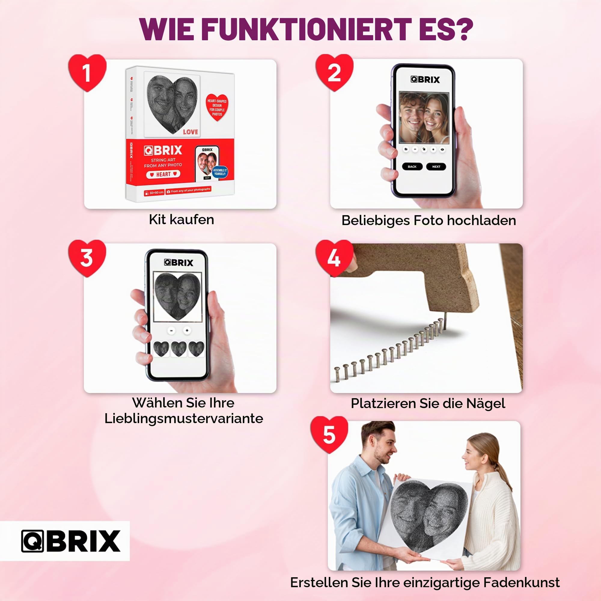 QBRIX Herz – String Art Fadenbild DIY | personalisiertes Geschenk | eigenes Foto als Garnbild | Wunschmotiv | Wandbild (Herz Form 50×50 cm)