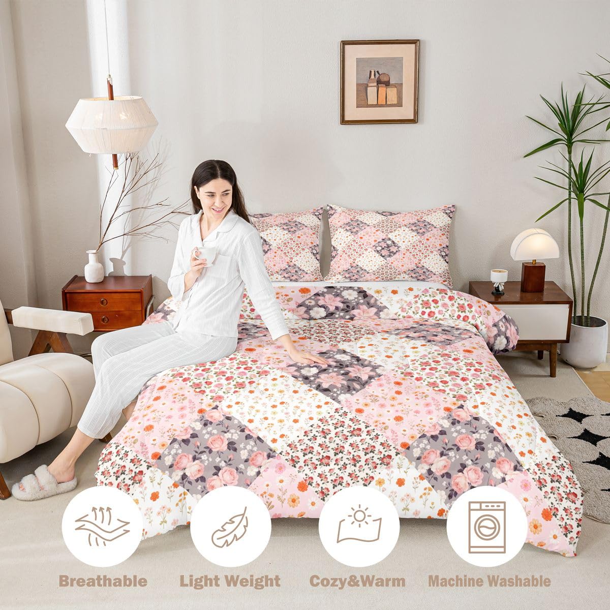 Homewish Zestaw pościeli w stylu boho podwójny, wiejski kwiatowy zestaw pościeli boho, wiejski kwiat, rustykalny zestaw kołdry, patchworkowa różowa stokrotka, poszewka na kołdrę z 2 poszewkami na