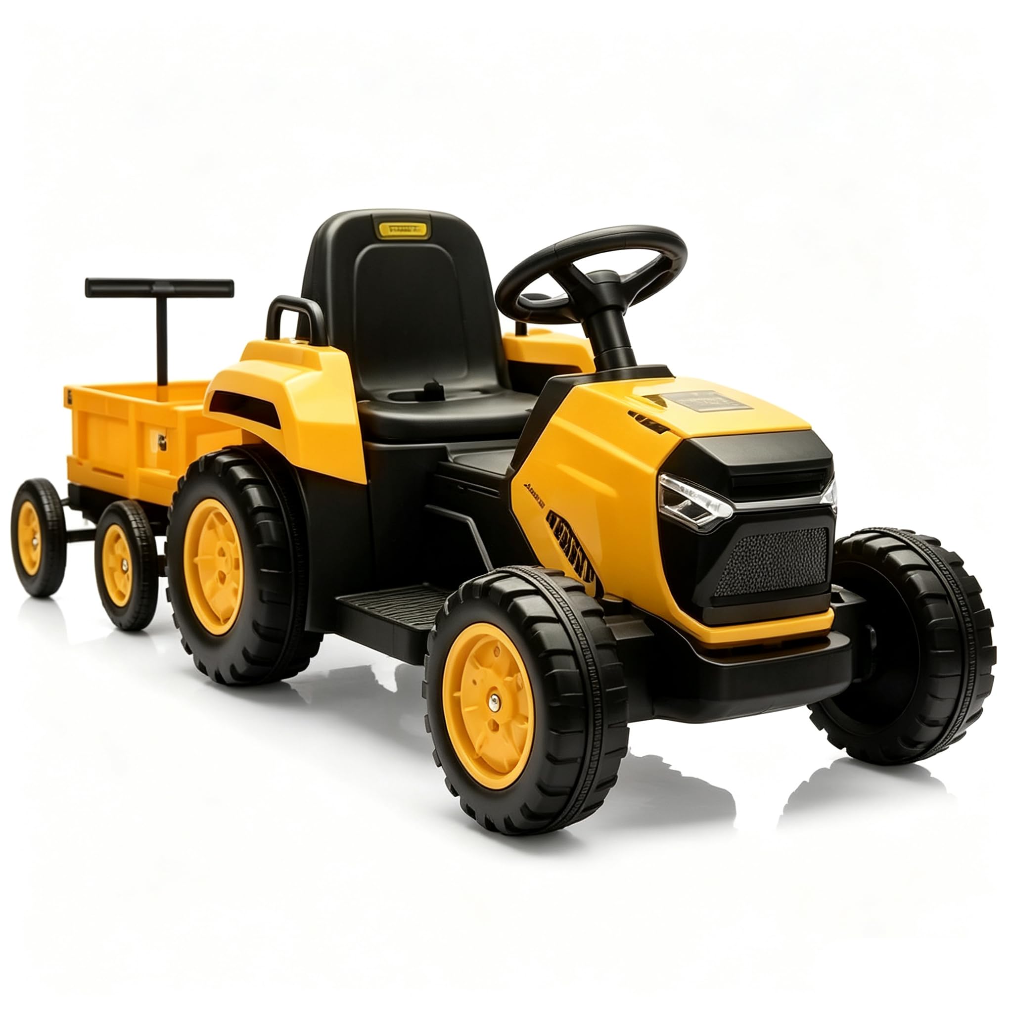 Garvee Trattore Elettrico per Bambini 12V, con Rimorchio Rimovibile, Giallo | 6 Ruote, Clacson, Musica Integrata, Radio, Connessione Wireless e Porta USB