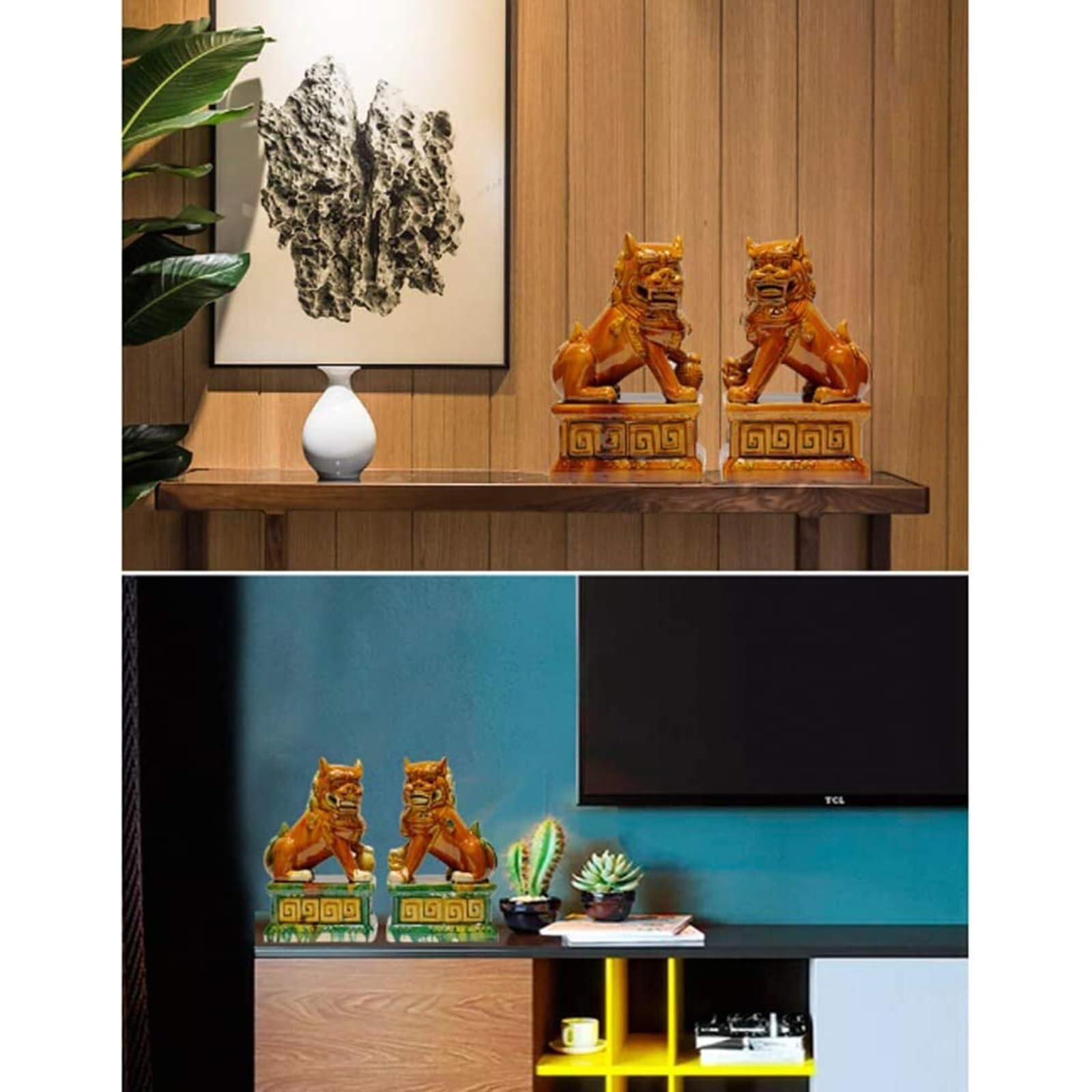 Ceramiczne figurki lwów strażników, para ręcznie wykonanych dekoracji feng shui do domu i biura (zielone 5,12 * 7,48 cala)