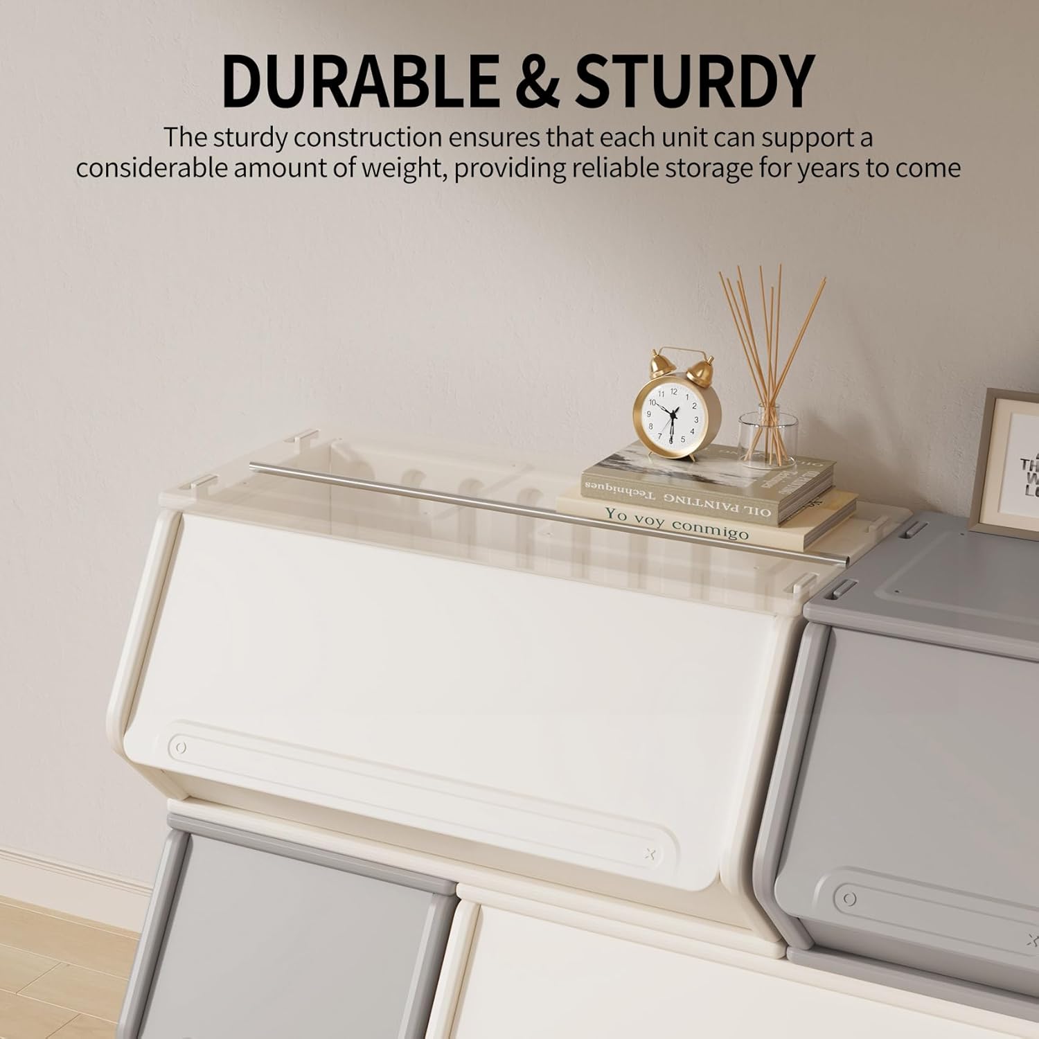 UNICOO® Free Combination Stackable Plastic Storage Cabinet w/Dust Proof Storage Cubes, Customizable, Closet Organizers and Storage Boxes for Craft, Home, Office, School, Dorm (2+2 Gray & Cream)