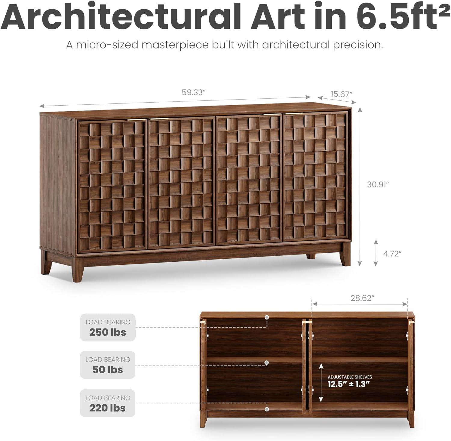 MALOL Fluted Sideboard Buffet Cabinet with Storage, 59" Wood Buffet Table with 4 3D-Checkerboard Doors & Adjustable Shelves, Kitchen Dining Room Coffee Bar Cabinet, Mid Century Modern Style, Walnut