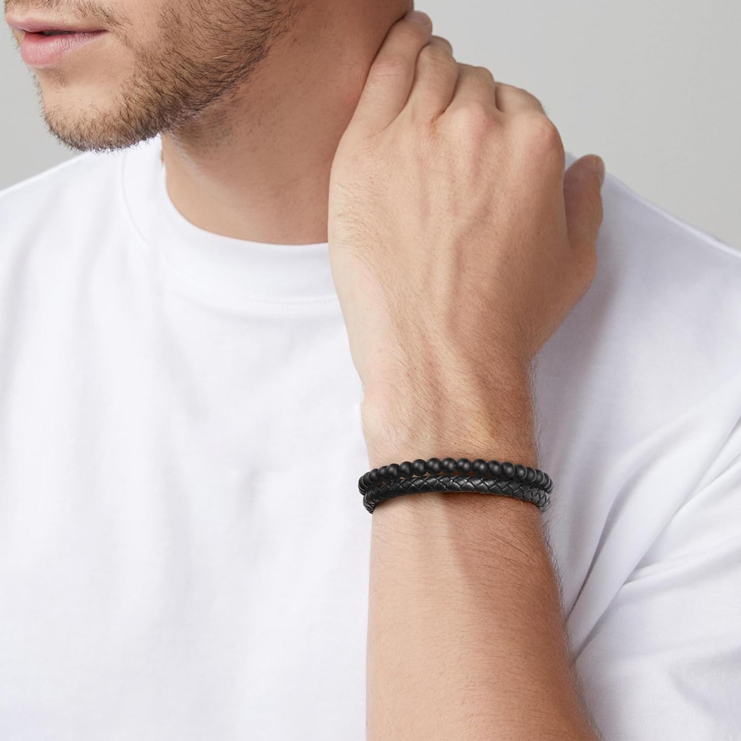 LUXEJEW Gifts for Men - Beaded Leather Bracelet 6mm Matte Agate Stone Bracelets for Men Dad Son Husband Boyfriend Grandpa Grandson Brother Uncle Nephew Adjustable Magnetic Clasp - Image 4